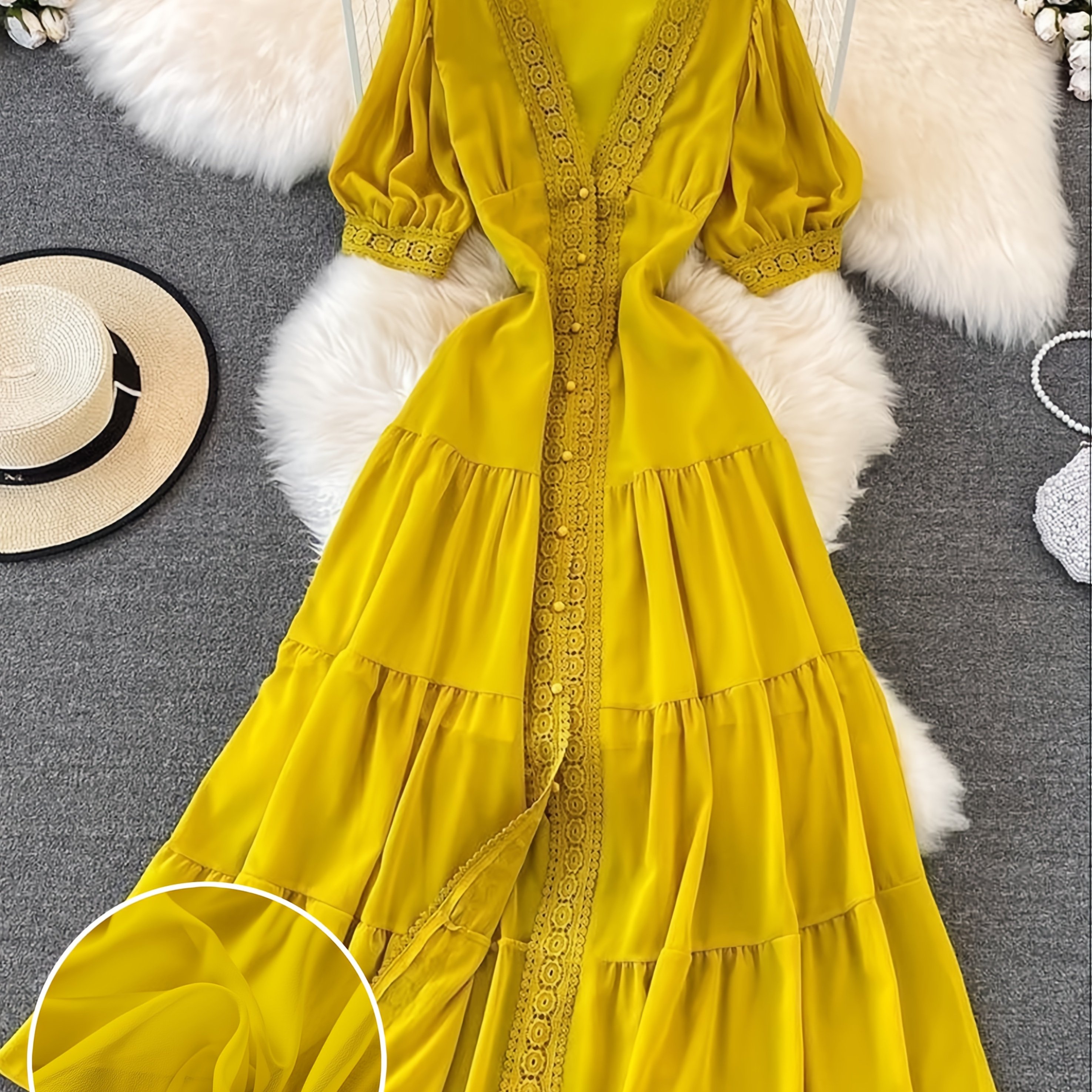 E-shop Chiffon-Kleid mit Spitzenverzierungen, taillenbetontes Design für einen schlankmachenden Effekt – ideal für Urlaub und Freizeitlook