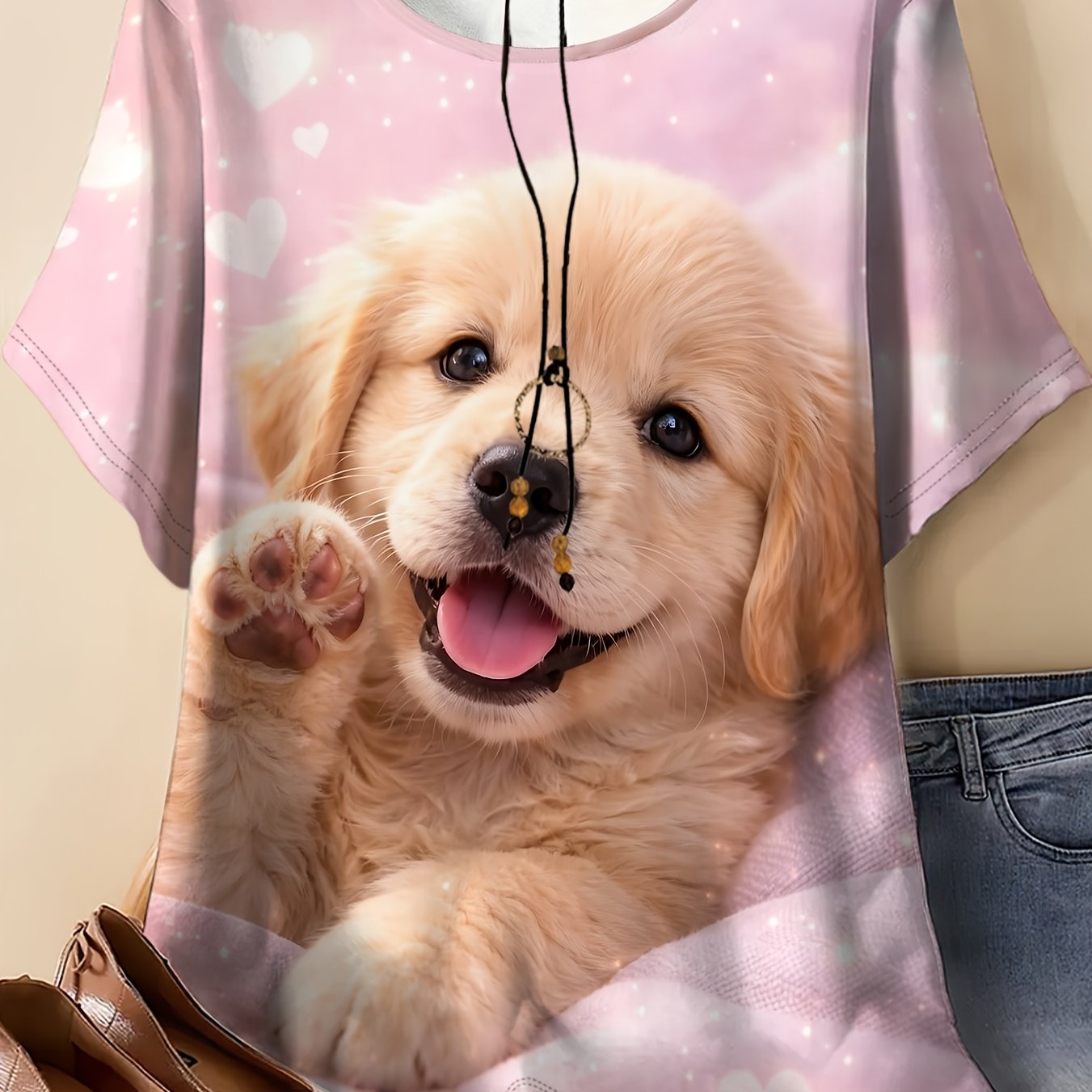 TEMU Women's Plus Size Round Neck Short Sleeve T-shirt, Realistic Cute Golden Retriever Puppy Print, Soft Comfortable Wear Top