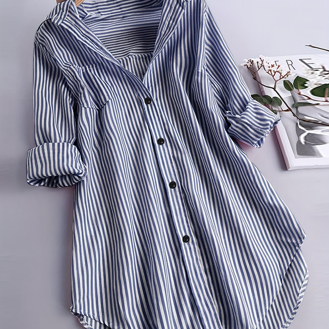 E-shop Plus Size - Plus Size - Damen Gestreifte Button-Down Hemd Langarm Bluse Tunika Oberteile Cover Up Shirt Locker