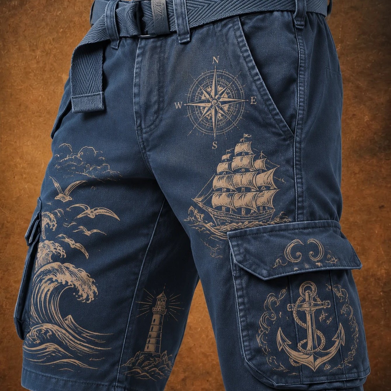 Image of 2026 Men's Casual Shorts (belt Not Included)-breathable Summer Cargo Shorts Blending Trends With Retro Artistic Prints; Stylish Menswear Suitable For Gifting.