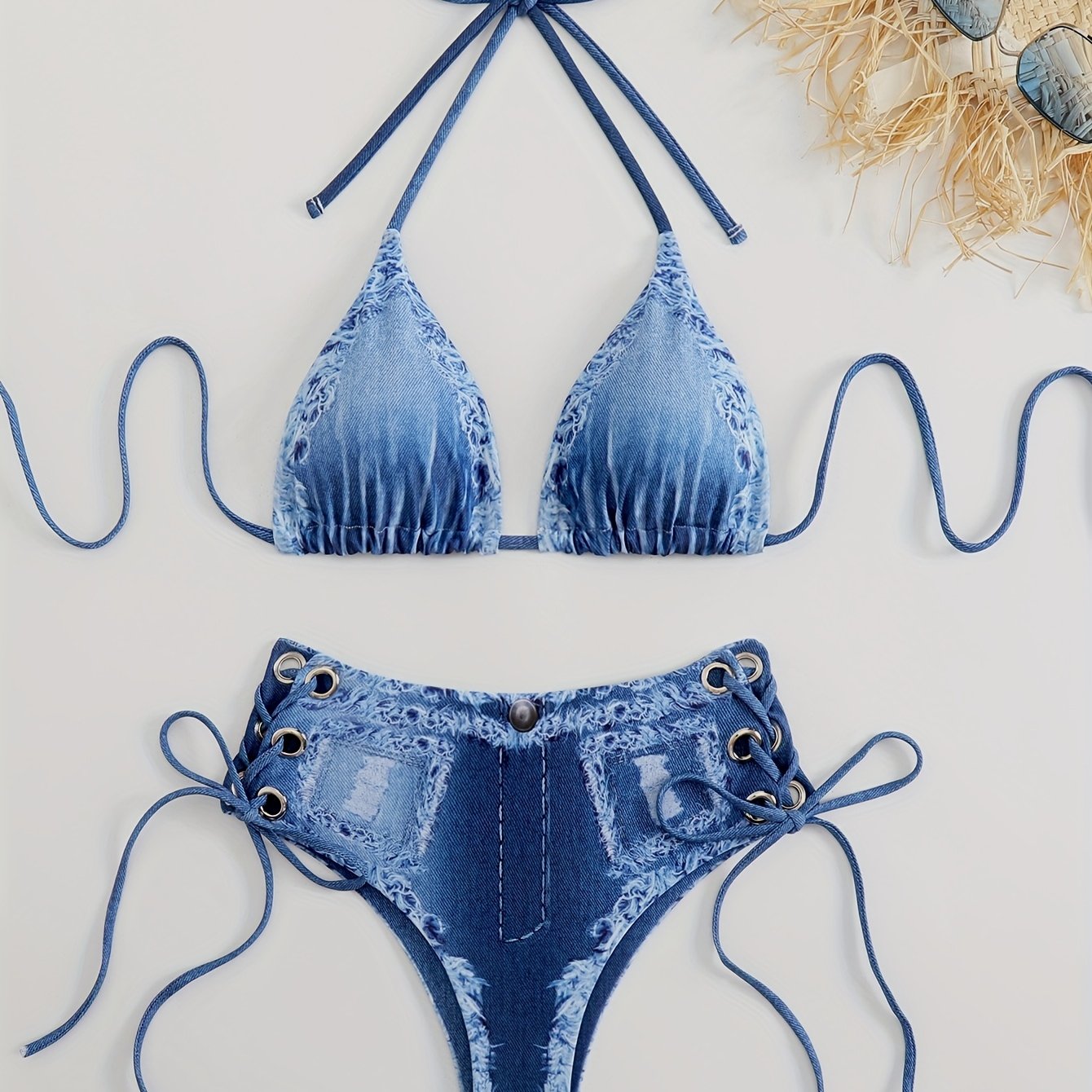 TEMU Set bikini da donna con stampa denim, a , slip a vita con lacci e coulisse, e cordoncini con occhielli in metallo, costume da bagno da spiaggia