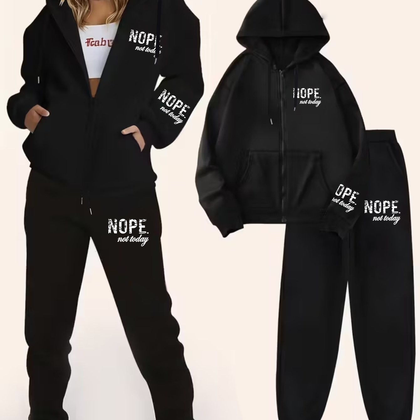 TEMU Ladies Plus Size Zipper Hooded Fir And Sports Sweater Two-piece Suit, Stylish Nope Slogan Printing, Lazy Wind, Machine Washable, High Quality