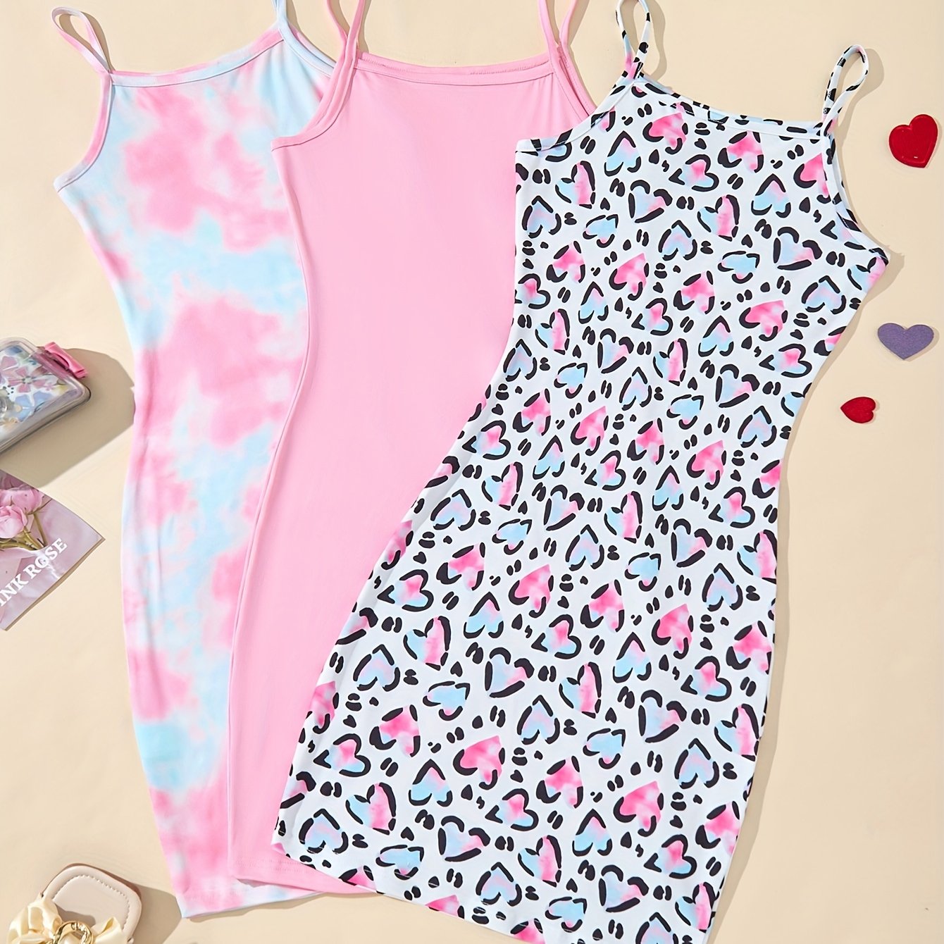 TEMU 3 Stylish Dresses For Girls Featuring Tie-dye, Solid Colors, And Heart Designs, Perfect For Summer Vacations