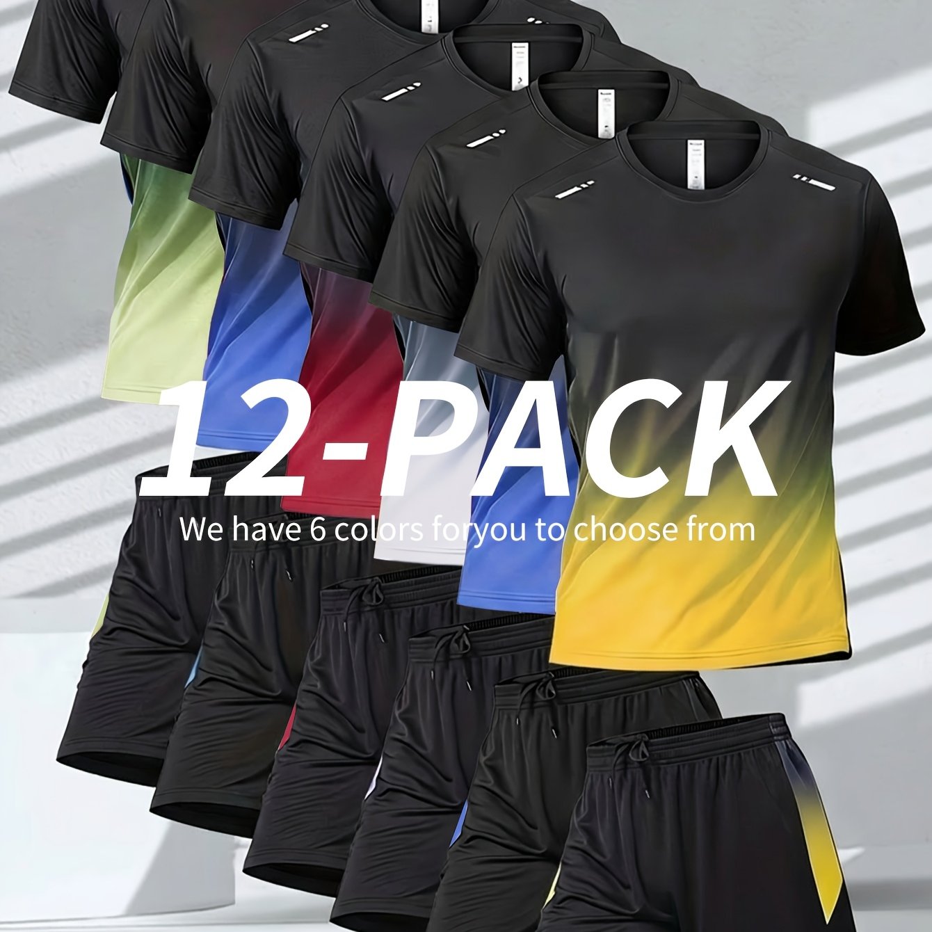 TEMU Random Color 12pcs Set, 6 Sets, Men's Gradient 6pcs Short Sleeve, 6 Shorts, Summer Casual Sports Quick-, Suitable For Basketball, Running, Fitness, Outdoor, Multi- Wear, Sports, Leisure, Outdoor