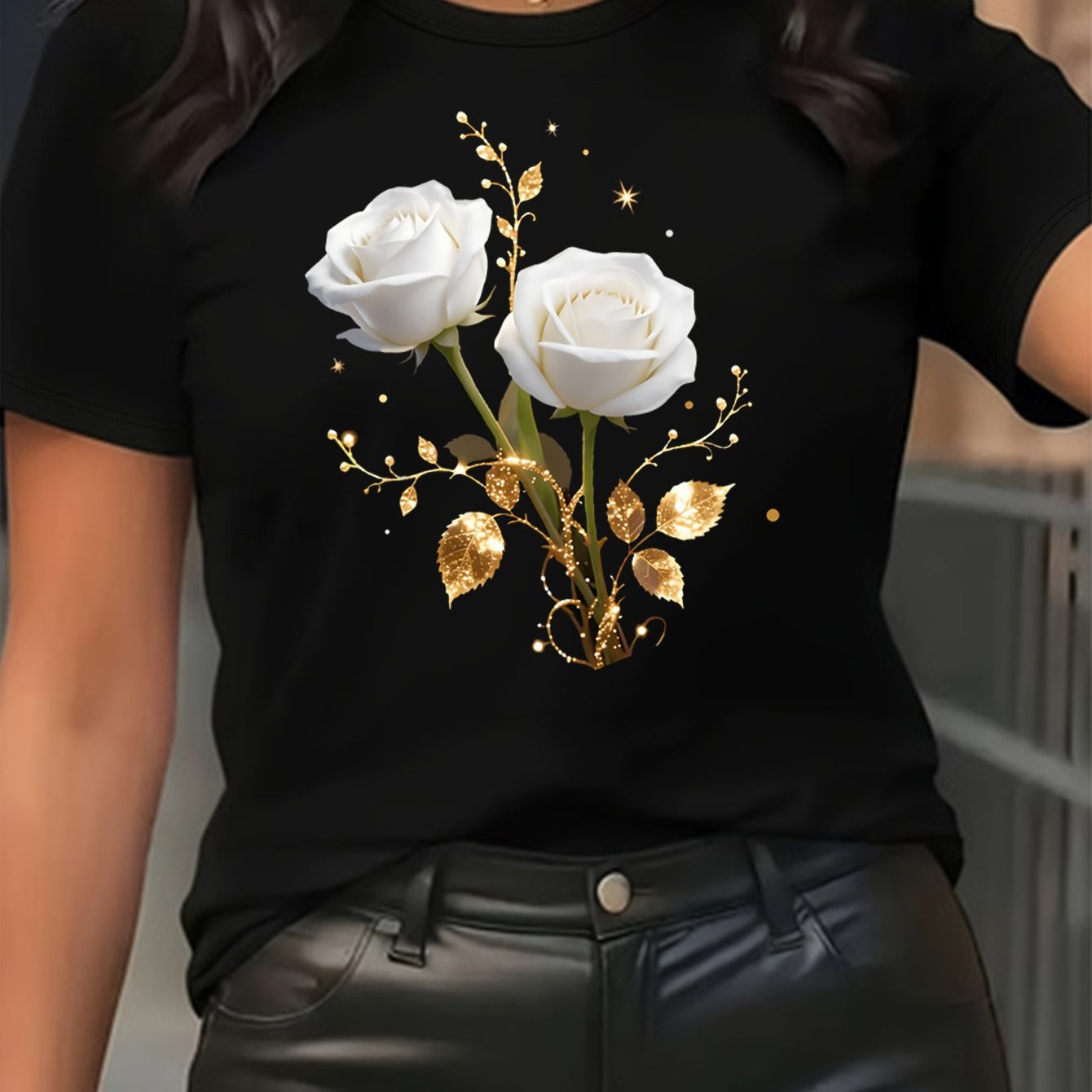 TEMU Round Neck Short Sleeve Rose Golden Decorative Pattern Spring Autumn Casual Commuter Leisure Women's T-shirt