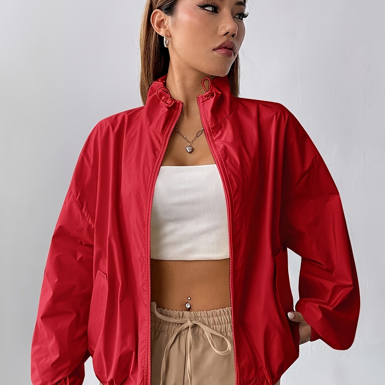 E-shop Damen-Jacke mit überschnittenen Schultern Reißverschluss für Frühling, Herbst Winter