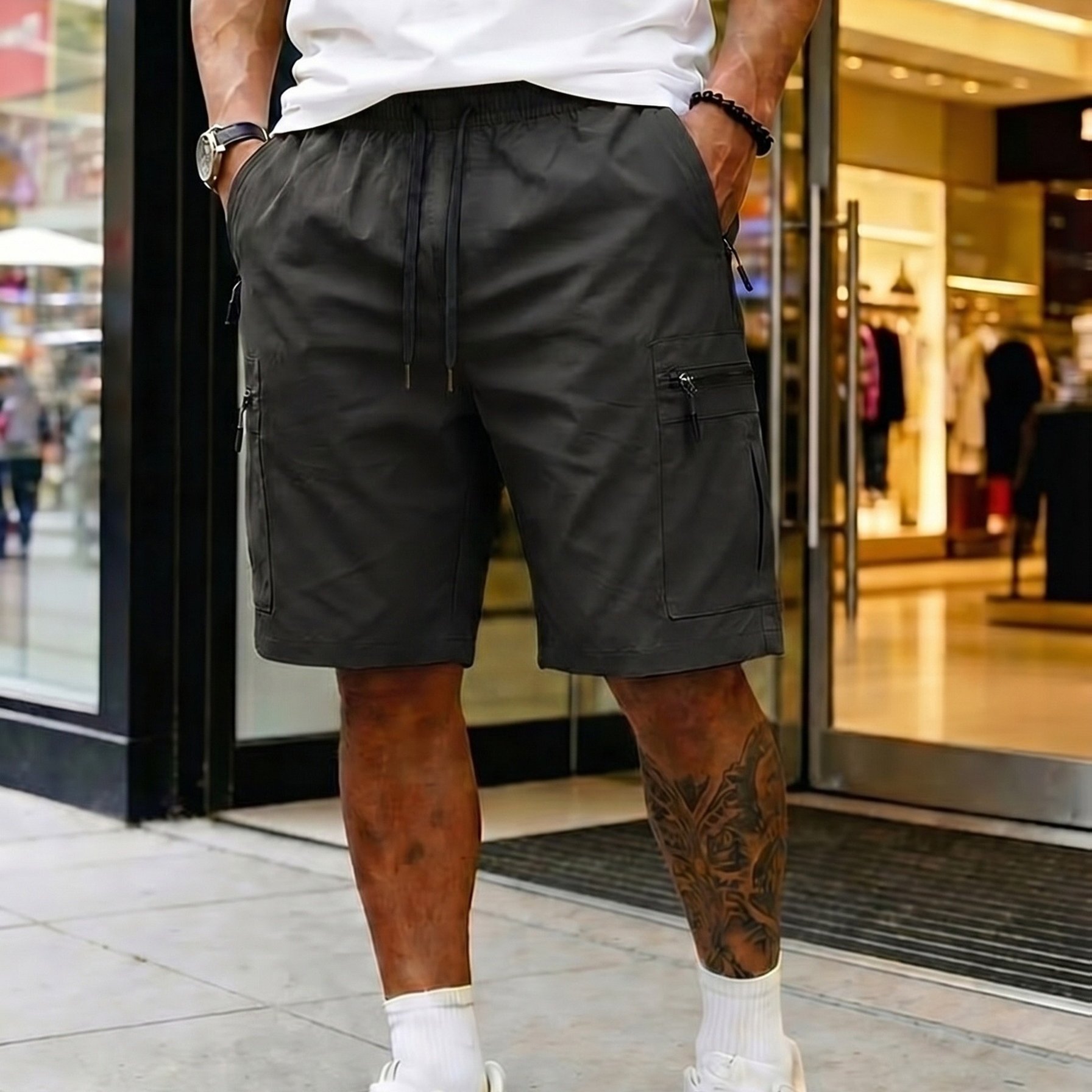 TEMU Men's Plus Size Cargo Shorts - Solid Color, Drawstring Waist With Zipper Pockets, Regular Fit Casual Summer Shorts For Outdoor Activities &