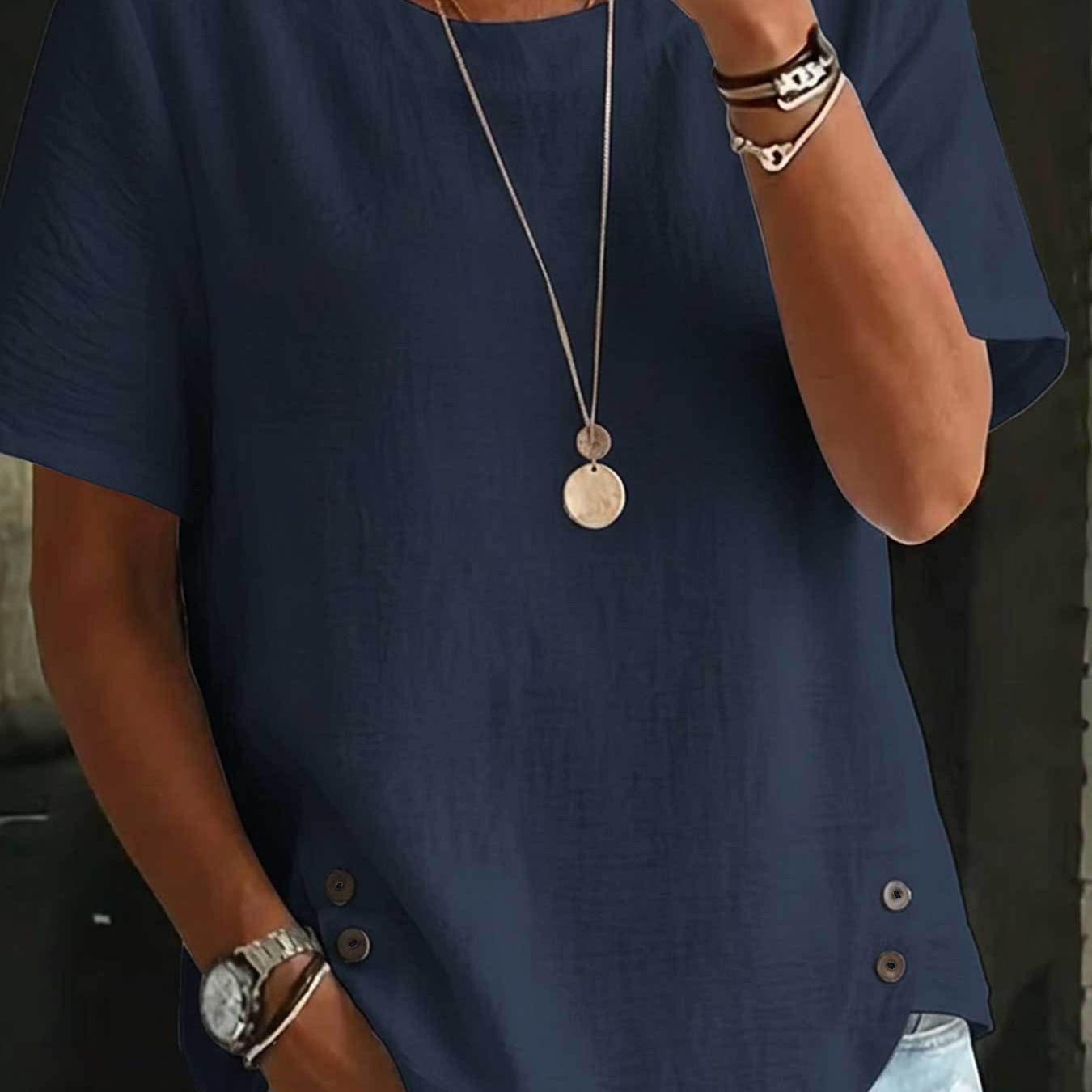 TEMU Women's Spring Summer Short Sleeve Blouse Shirt - Loose Fit Round Neck Solid Color Casual Blouse Top, Machine Washable Opaque Shirt Suitable For