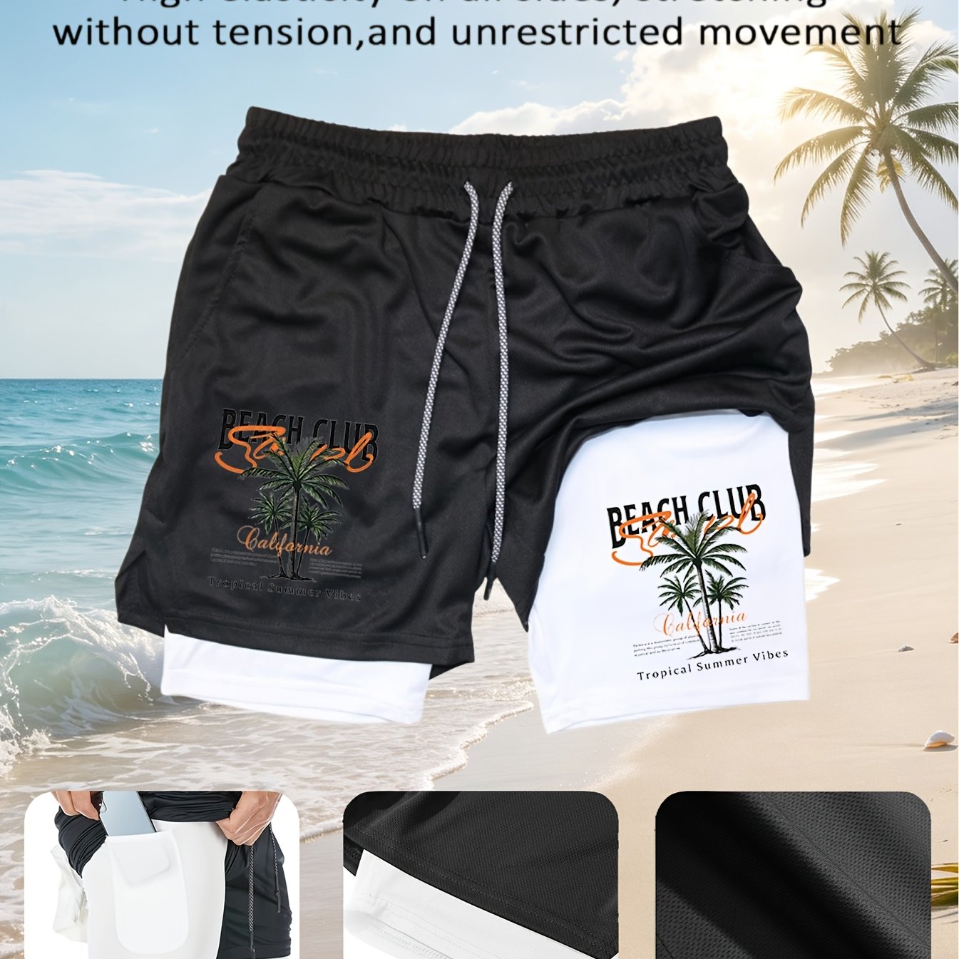TEMU Men's 2-in-1 Swim Shorts With Built-in Liner & - Tree Print Double-layer Shorts, Stretchy Breathable Fabric Suitable For, Training,,, Outdoor
