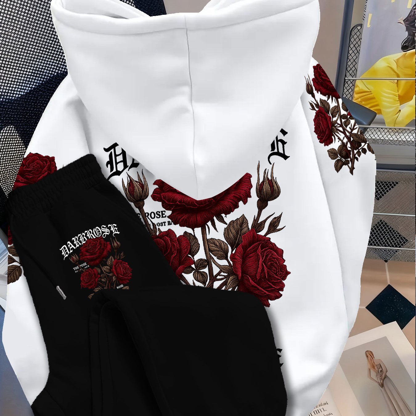 TEMU Ensemble décontracté tendance haut et pantalon, imprimé rose, sweat à capuche, impression premium, idéal pour le fitness et les voyages en