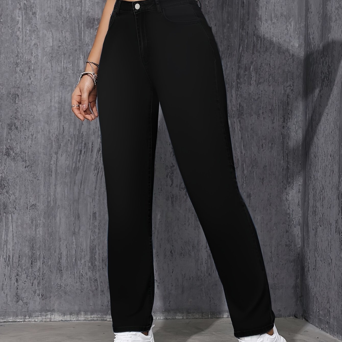 TEMU Straight Leg Plain Black Color Casual Style Zipper Button Closure Denim Pants, Women's Denim Jeans & Clothing