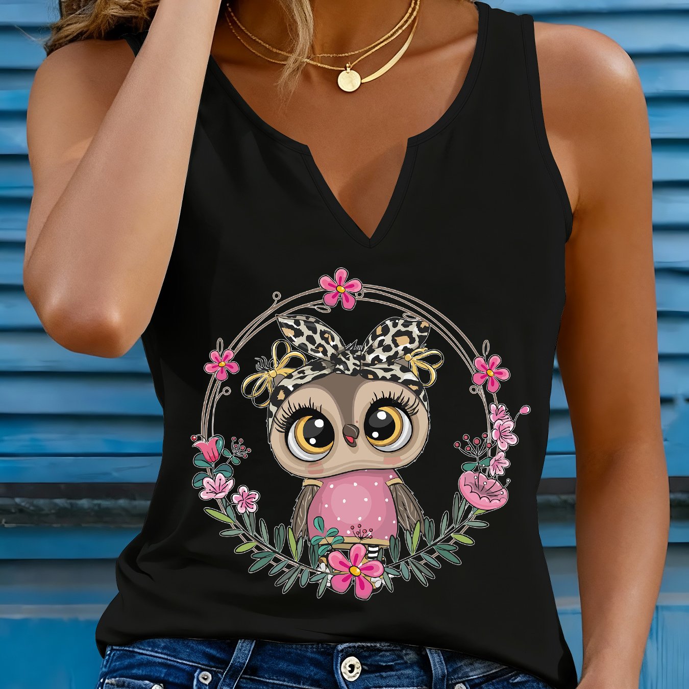 TEMU (052#) Women's Fashion Refreshing Tank Top, Cute Owl Print Sleeveless Vest, Casual -neck Top