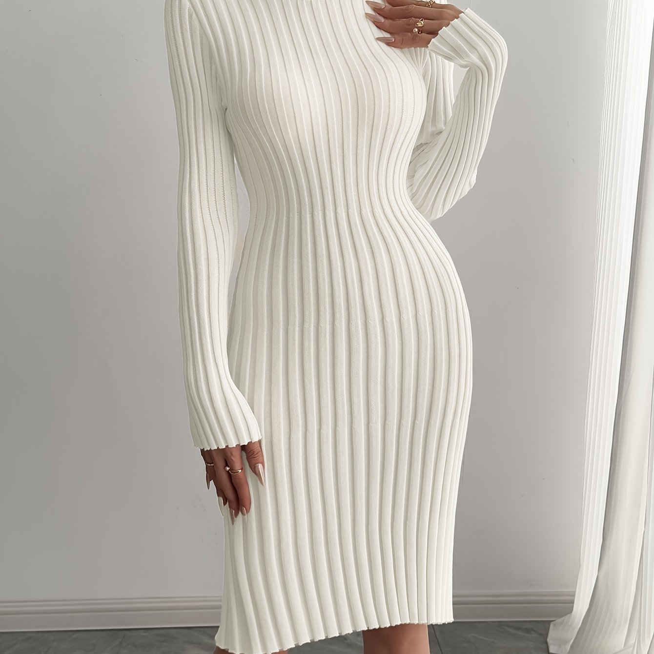 Image of Women's Elegant Ribbed Pleated Long Sleeve Crew Neck Sweater Dress - Solid Color, Non-transparent, Hand Wash/, Versatile For Casual & Formal Wear, Sweater, , Minimalistic Design, Nontransparent Fabric