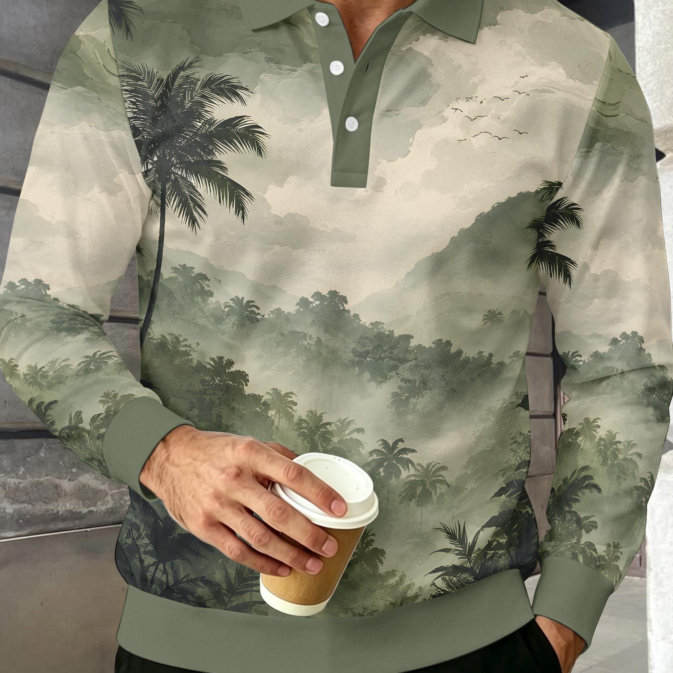 TEMU Men's Contrast Color Long-sleeve Shirt, Lapel Collar Three-button Casual Top With Ink Wash Cloud Mist Navy Blue Flying Bird Print, Versatile
