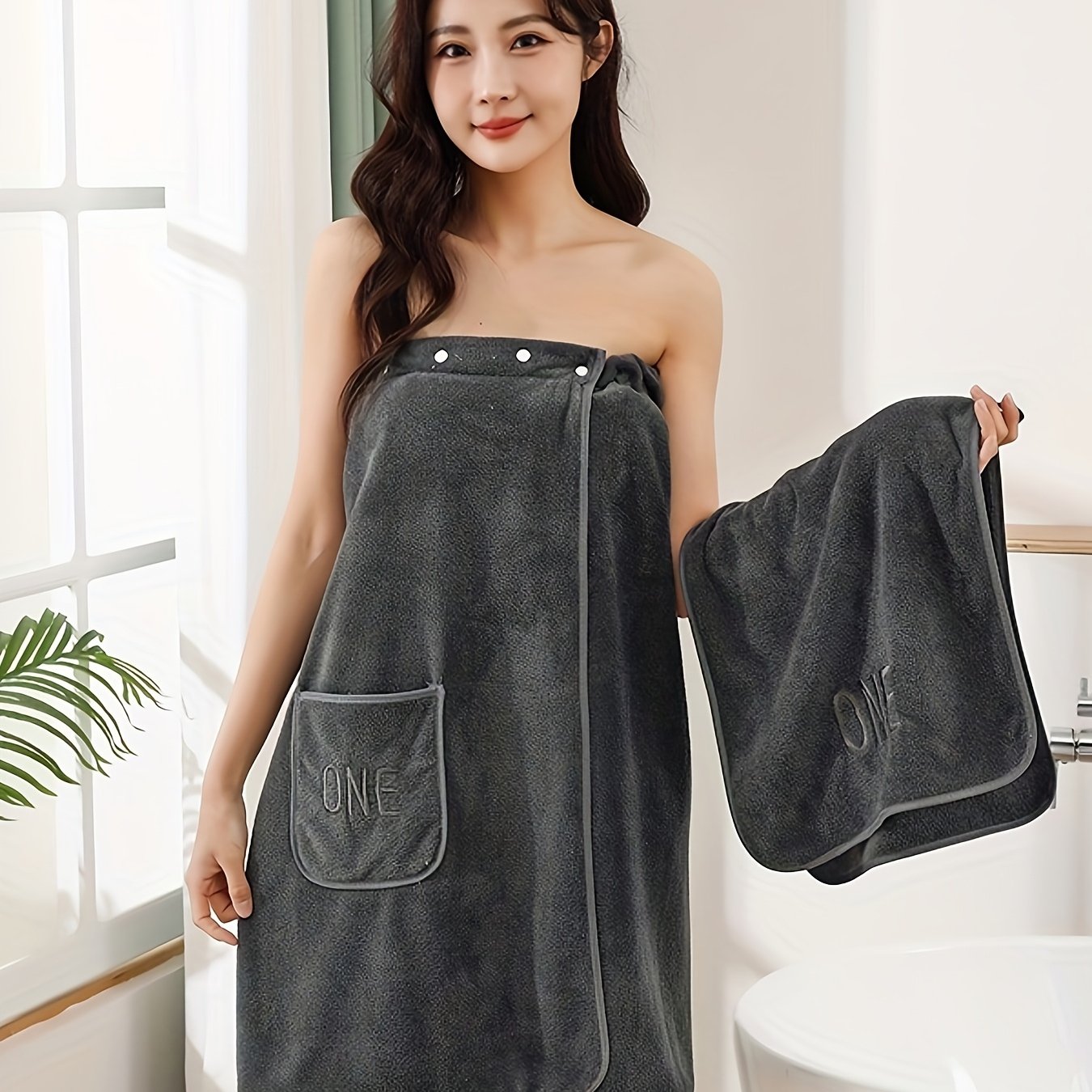 Image of Letter Embroidery Casual Spa Wrap Chest Bath Dress Towel Set With Button Bath Dress And Bath Towel, 2pcs Set