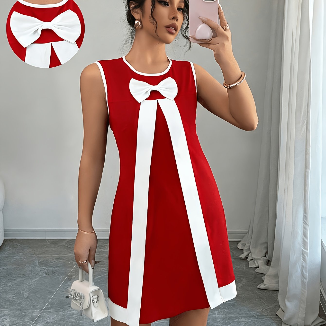 TEMU Women's Fashionable And Elegant Round Neck Sleeveless Bow Decoration Stitching Dress