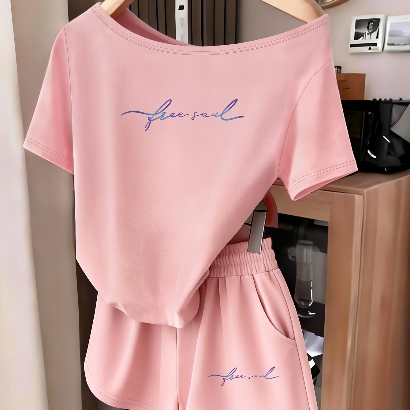 TEMU 2pcs Women's Fashion Casual Versatile Off-shoulder T-shirt And Shorts Set