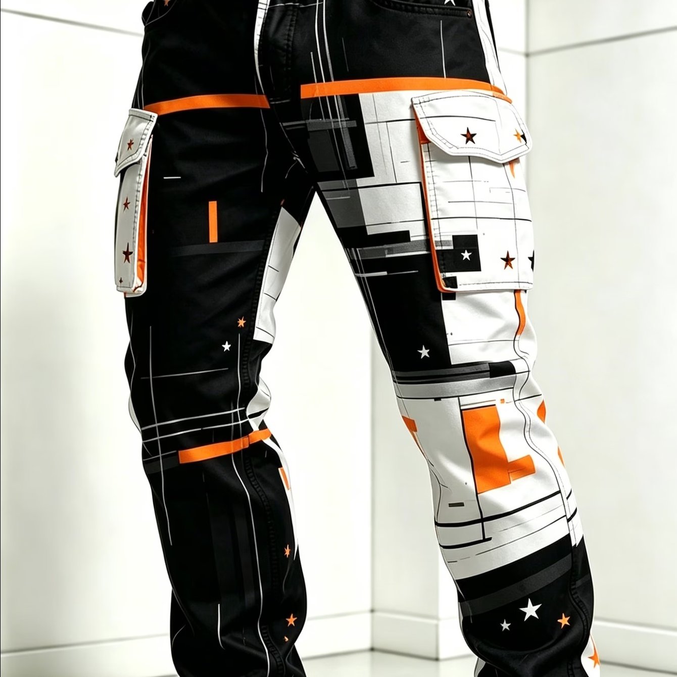 Image of Men' Style Geometric Print Cargo Pants, Casual Multi-pocket Trousers For Daily Outdoor Activities