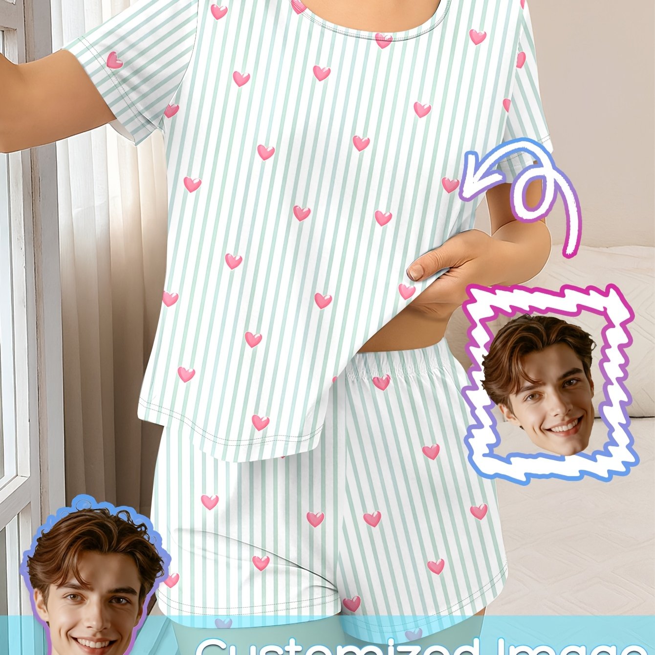 TEMU Set personalizzato da casa da donna con ( corta e pantaloncini), base a righe ritratto denso, motivo , design esclusivo ritratto fai-da-te,