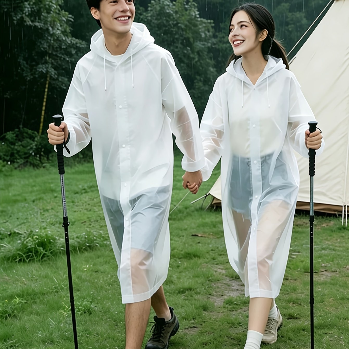 TEMU Adult Solid Color Semi Transparent Raincoat, Hooded Breathable Button Raincoat, Long Sleeved Style, Thickened Version, Reusable, Foldable,