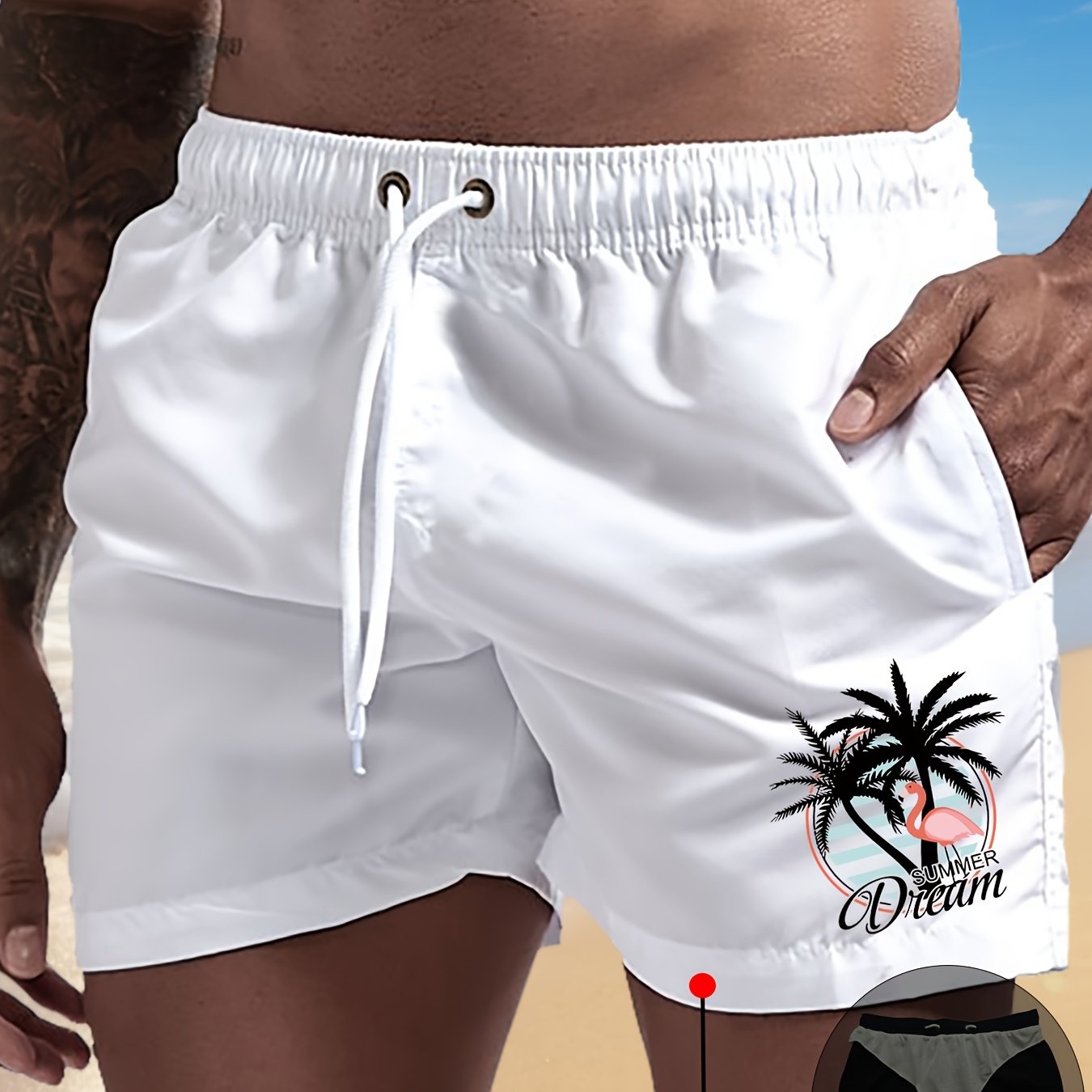 TEMU Men's Flamingo Print Swim Trunks - Elastic Drawstring Waistband Shorts, Lightweight Beachwear For Surfing, Swimming, Fitness, Vacation - With