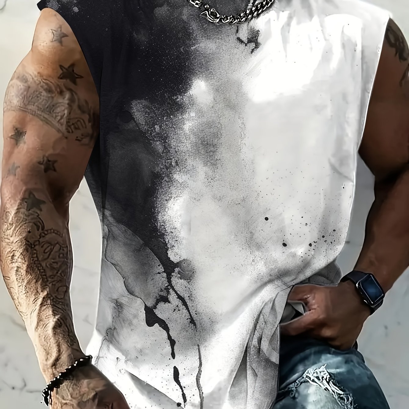 TEMU Men's Tank Top With 3d Printed Black And White Ink Wash Pattern, , Perfect For Summer Outdoor Activities, Sports, And Beach Vacations