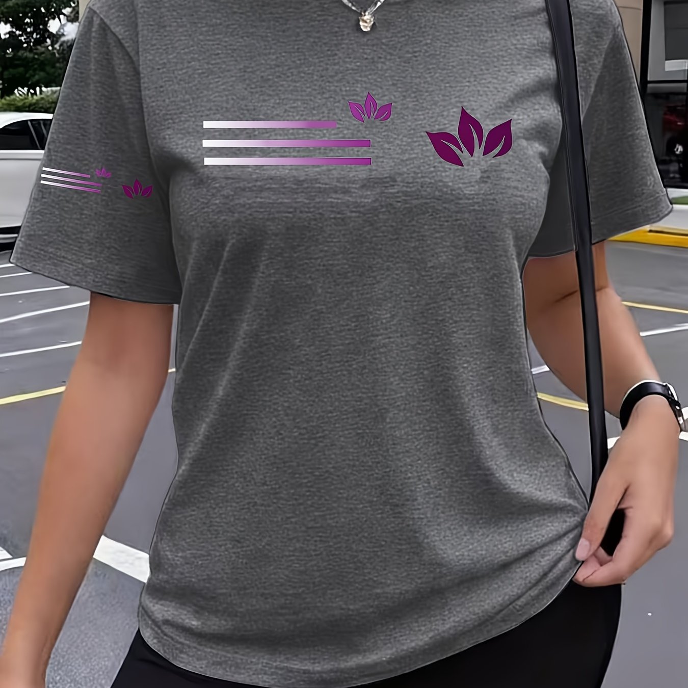 TEMU Line Geometric Graphic Print Short Sleeve T-shirt, Casual Short Sleeve - Fabric, Perfect For Summer Comfortable Women's Fashion - Soft And