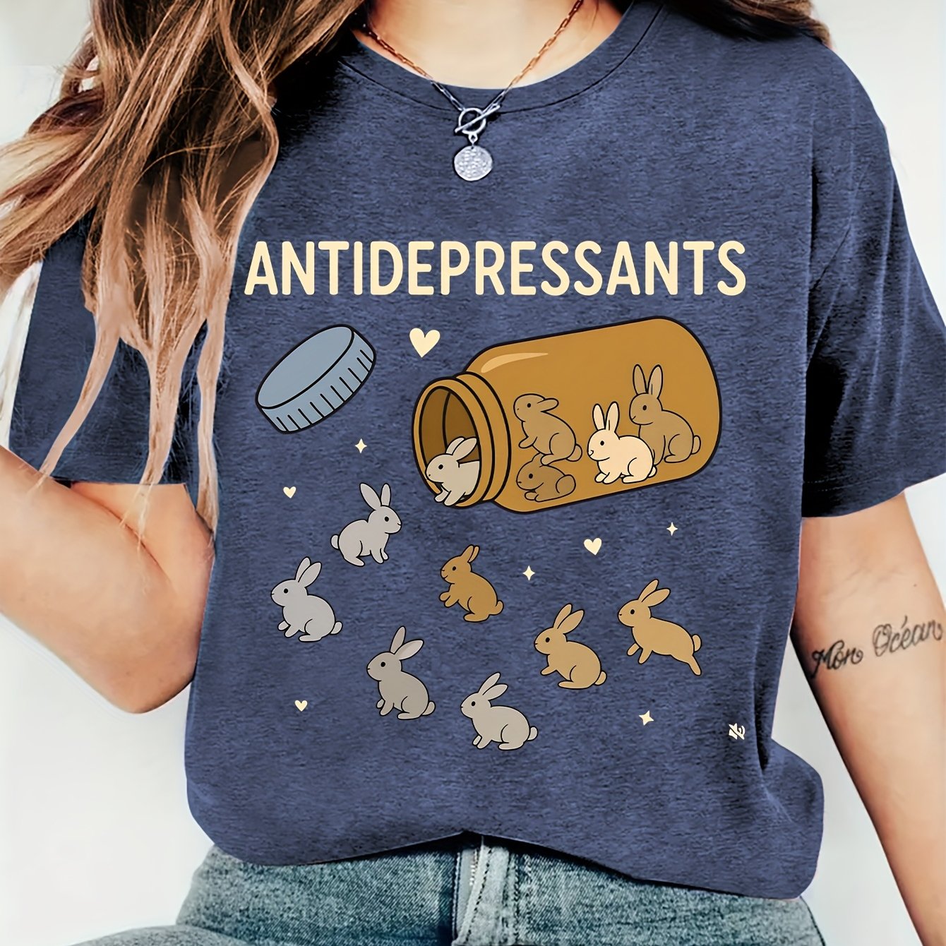 TEMU Women's Autumn Animal Cartoon Glass Jar Rabbit Print Crew Neck Short Sleeve T-shirt | Comfortable, Soft, Fashionable, Elegant, Vintage Style,