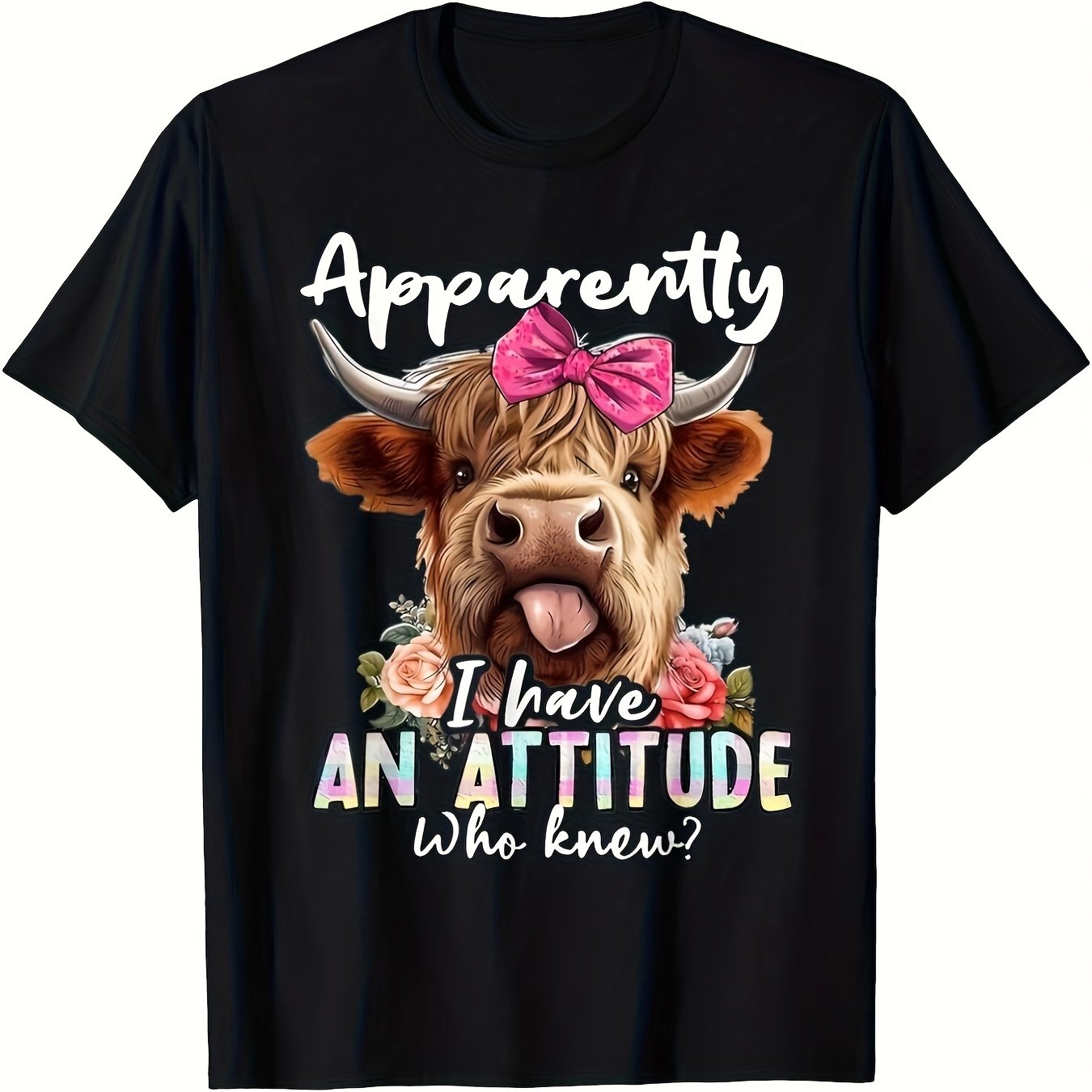 TEMU This Is A Humorous Graphic Tee Featuring A Highland Cow Designed In Black With A Pink Bow And Floral Elements. It's A Unisex Casual Shirt With A
