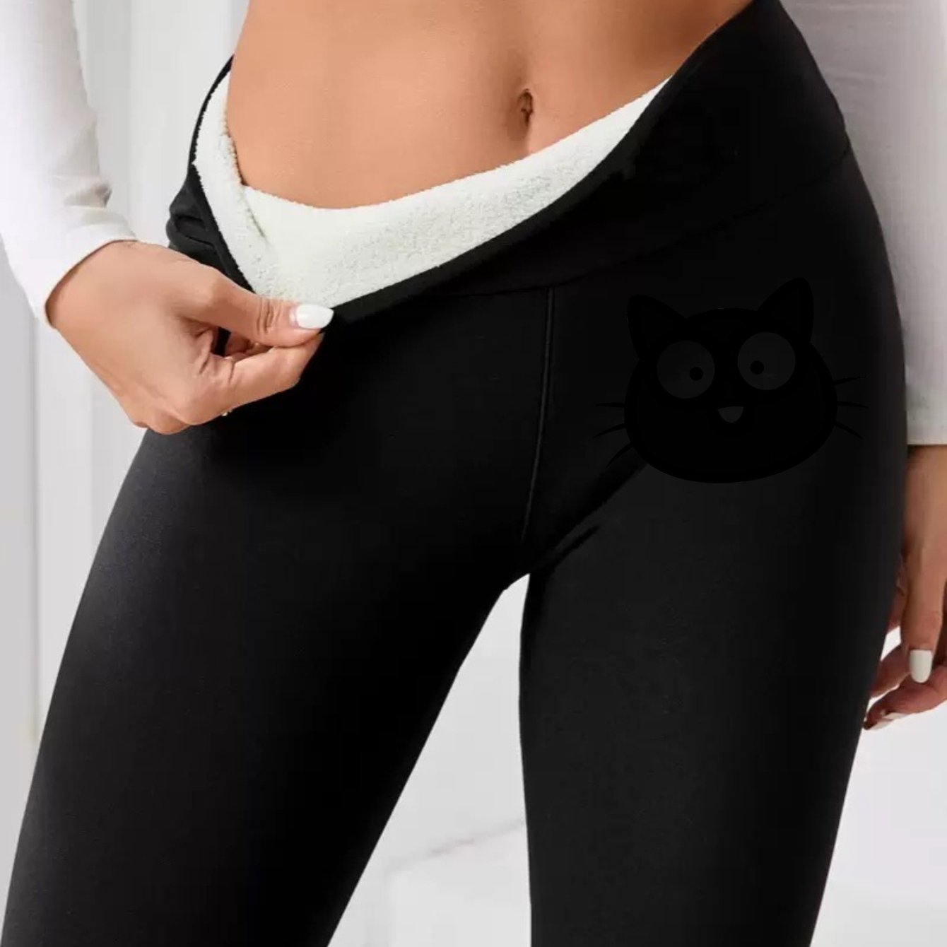 TEMU Women's High-waisted Fleece-lined Leggings In Black With A Cat Pattern, Suitable For Yoga, Fitness, And Everyday Wear