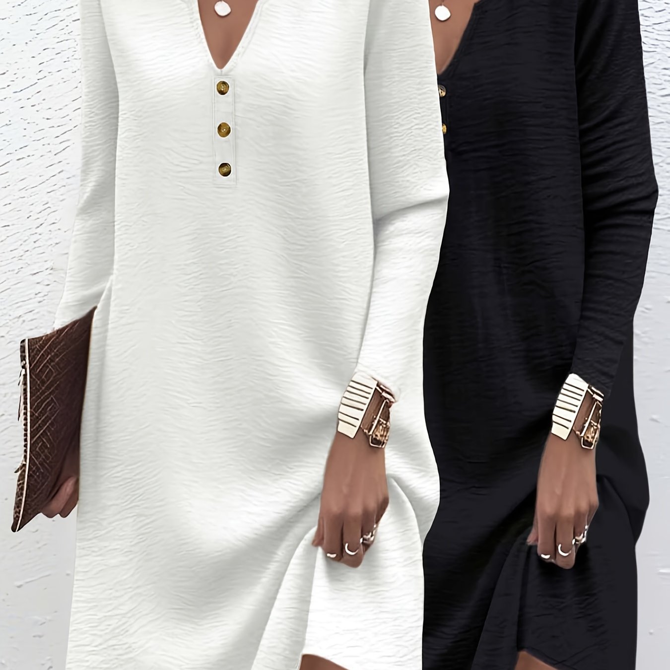 E-shop Damen-Set in Übergröße, 2-teilig, exquisit elegant, einfarbiges Kleid mit V-Ausschnitt Knopfleiste, langärmeliger Stil, der Eleganz zeigt, ein