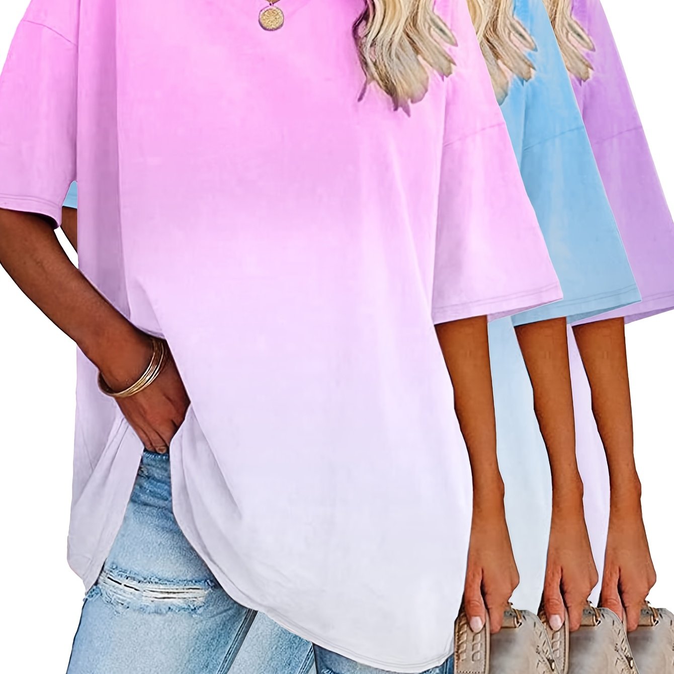 TEMU Plus Size, Cross-border European And American Women's Fashion, Trade Spring/summer New Arrival, Colorful Loose Fit Short Sleeve V-neck Gradient