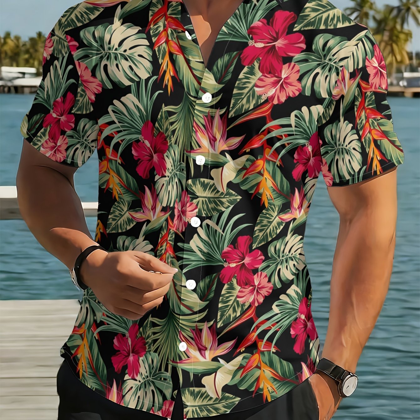 TEMU Men's Fashion Short-sleeve Shirt, Men's Printed Short-sleeve Shirt, Tropical Floral Pattern, Outfit, Trendy New , Casual Daily Shirt, Vacation