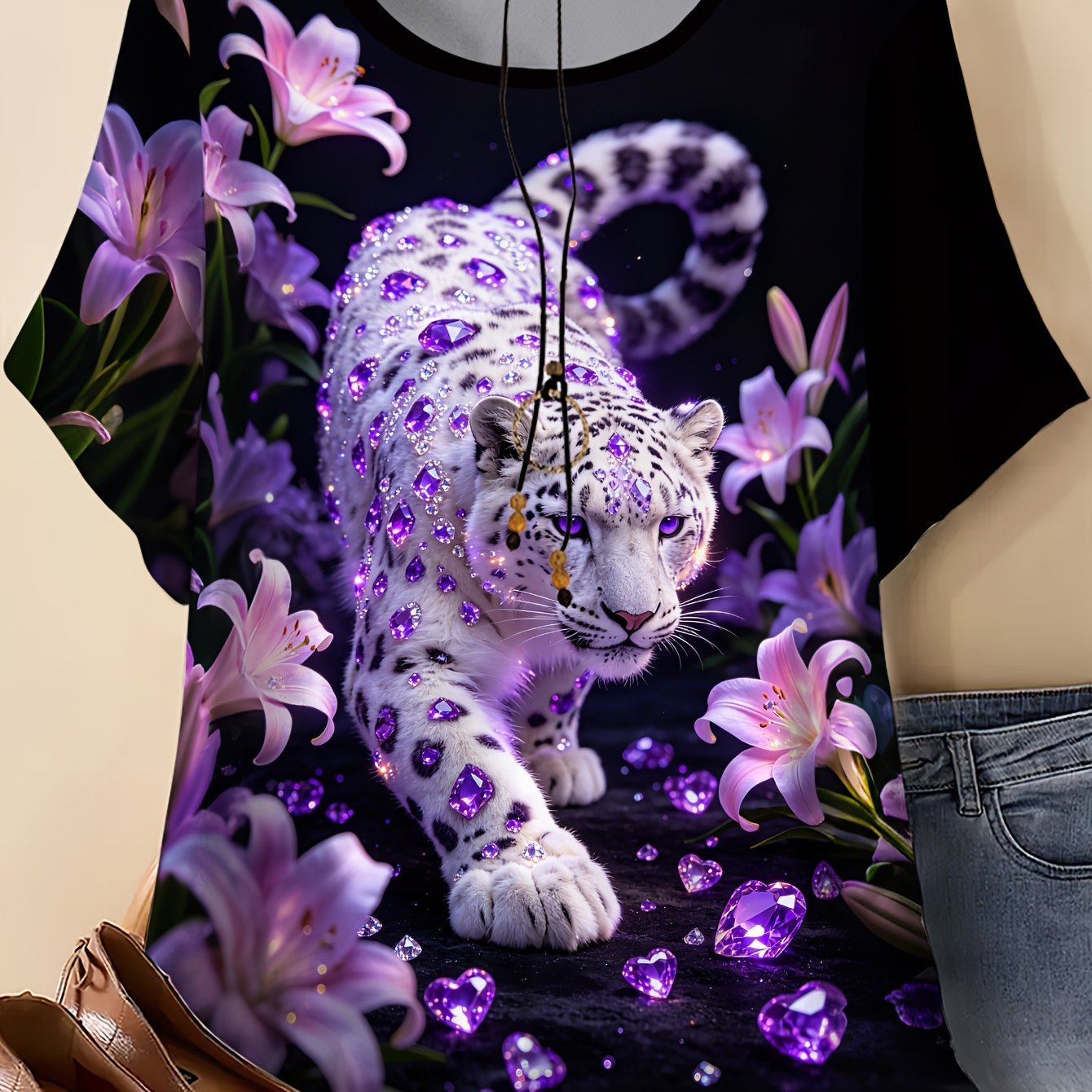 TEMU Plus Size, Plus Size Women's T-shirt With Graphic Print, Round Neck Short Sleeve Summer Top, Black With Purple Rhinestone Snow Leopard Print,