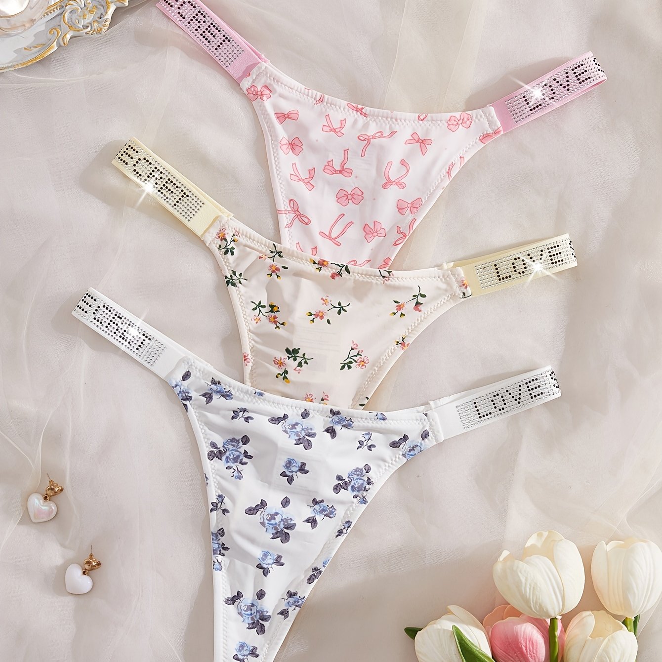 TEMU Lot de strings coutures à taille basse imprimés, ensemble de sous-vêtements à taille basse avec imprimé lettres, d'eau, découpes , et bretelles