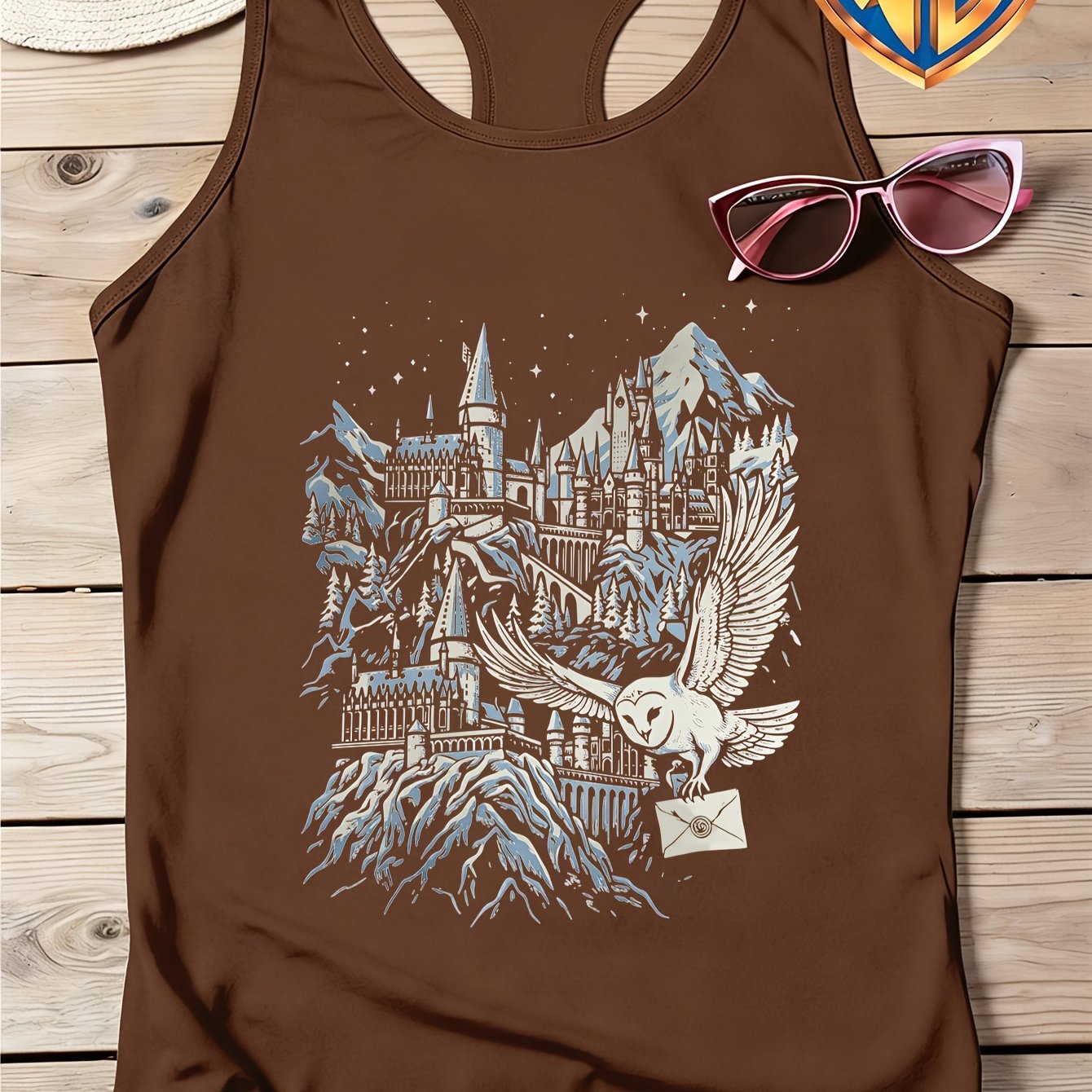TEMU Warner . Genuine Licensed - /summer Women's Racerback Tank Top, (harry Potter Hogwarts Castle Owl) Printed, Minimalist And Fashionable, Y2k