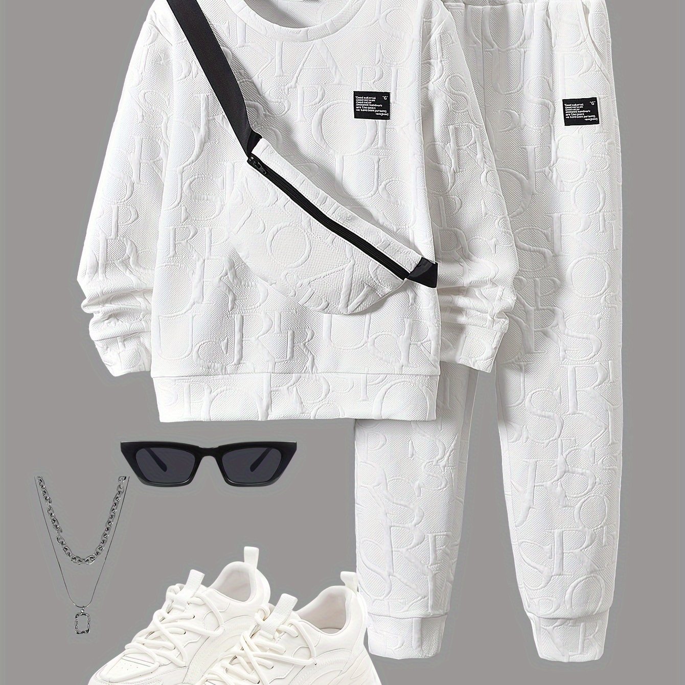 Image of Boys' Autumn White Towel Fabric Letter Round Neck Long Sleeve Sweatshirt And Casual Comfortable Tapered Pants And Fashion Body Zip Pouch 3pcs Set, For Outdoor