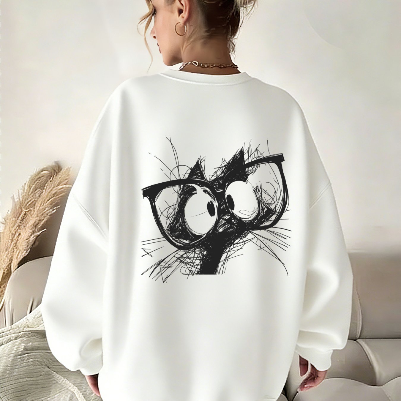 Image of Y2k Women' Pullover Sweatshirt With Black Cat Print, Loose Fit Casual Crew Neck Long Sleeve, Minimalist , Machine Washable, Local Fast Ship