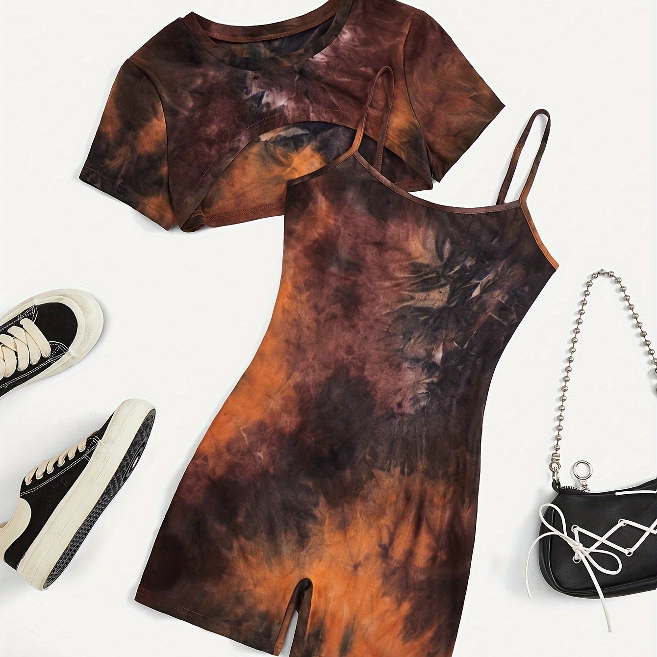 TEMU Targeted Women's Tie-dye Low-waist Short Sleeve T-shirt And Y2k Cami Bodysuit Set