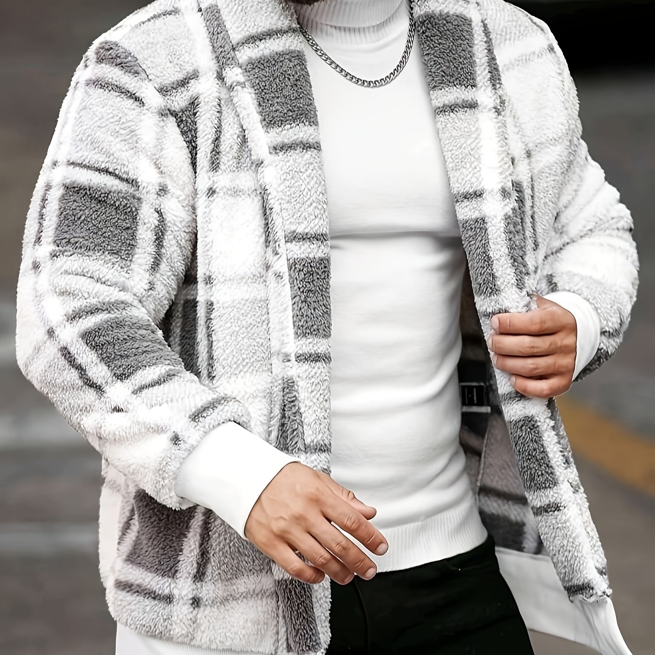 TEMU Men's Plush Jacket - Checkered Coat, Soft Thermal Insulation Lightweight Outerwear For Fall/winter, Minimalist Formal & Everyday Blazers,