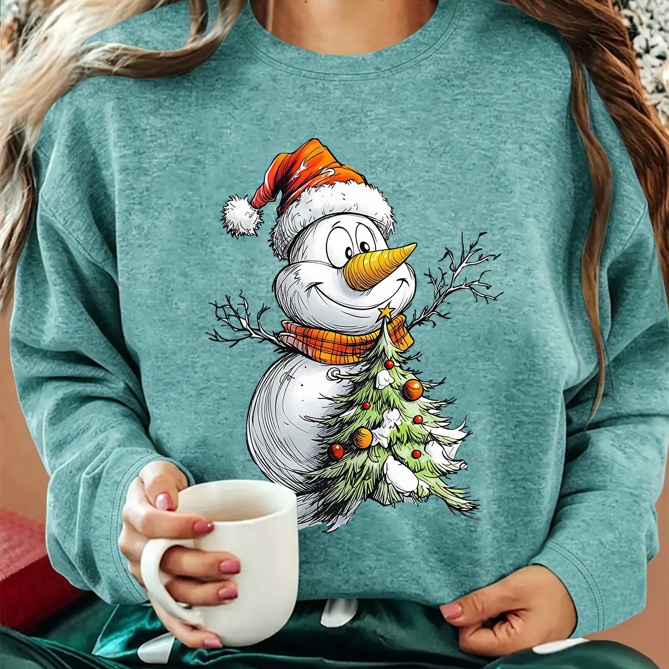 TEMU [christmas Holiday Clothing] Plus Size Women's New Carrot Nose Snowman Christmas Tree Print Round Neck Loose Long Sleeve T-shirt, Fall Winter