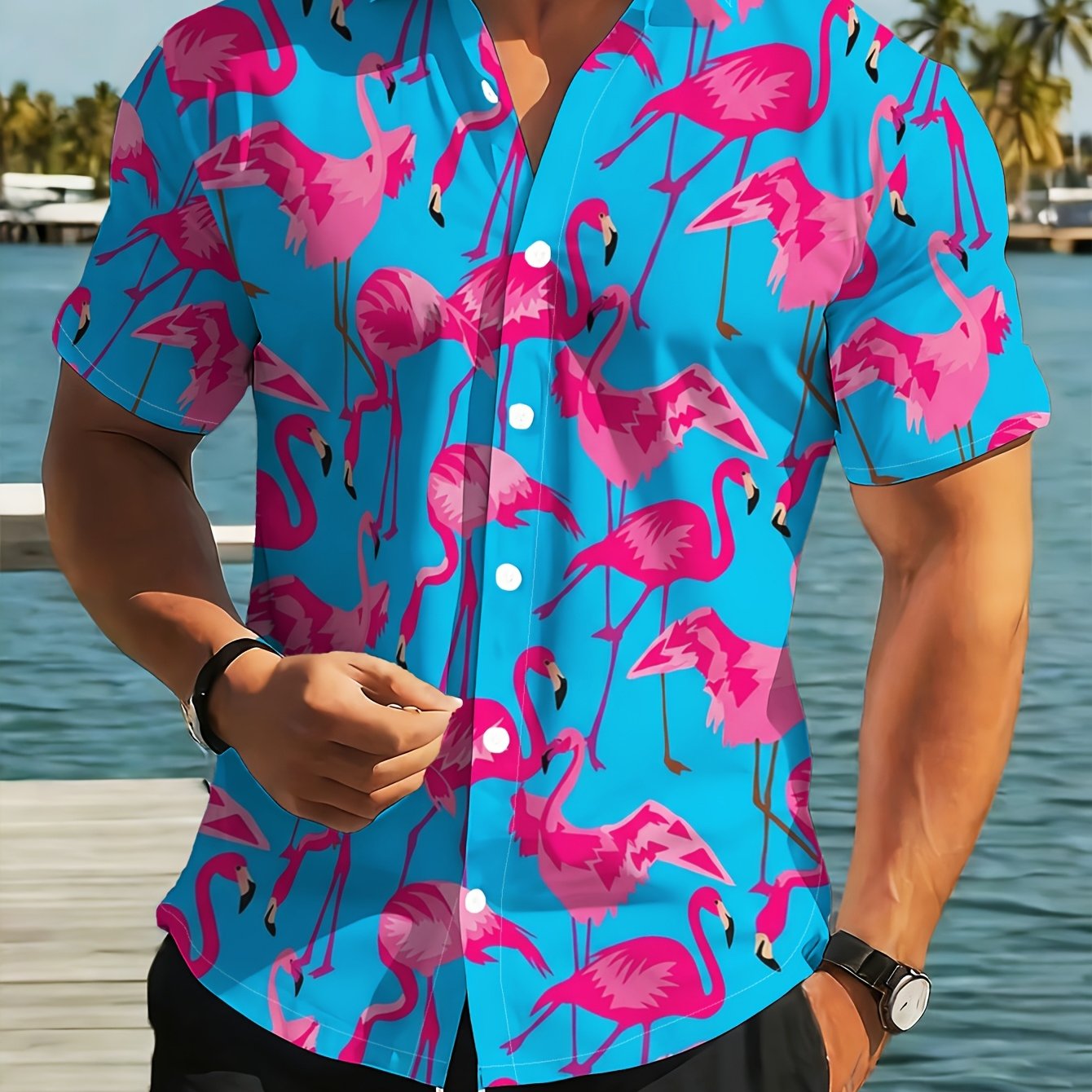 TEMU Men's Fashion Short-sleeved Shirt, With Pink Flamingo Short-sleeved Shirt, Trendy New Summer Outfit, Daily Casual Shirt, Vacation Beach Shirt,