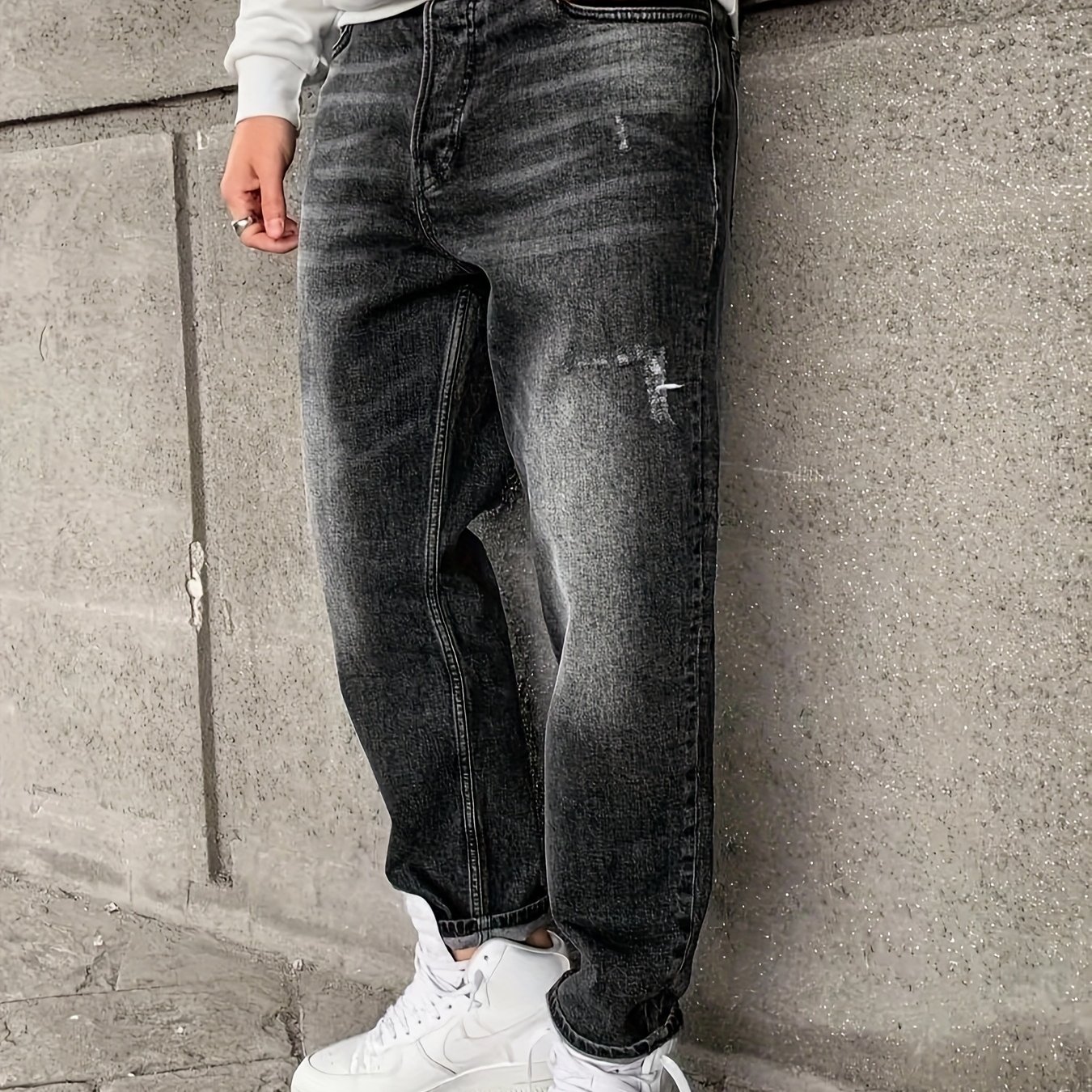 Image of Men's Jeans Solid Color Mareau Distressed Vintage Washed Trendy Casual Trousers Straight Leg Pants