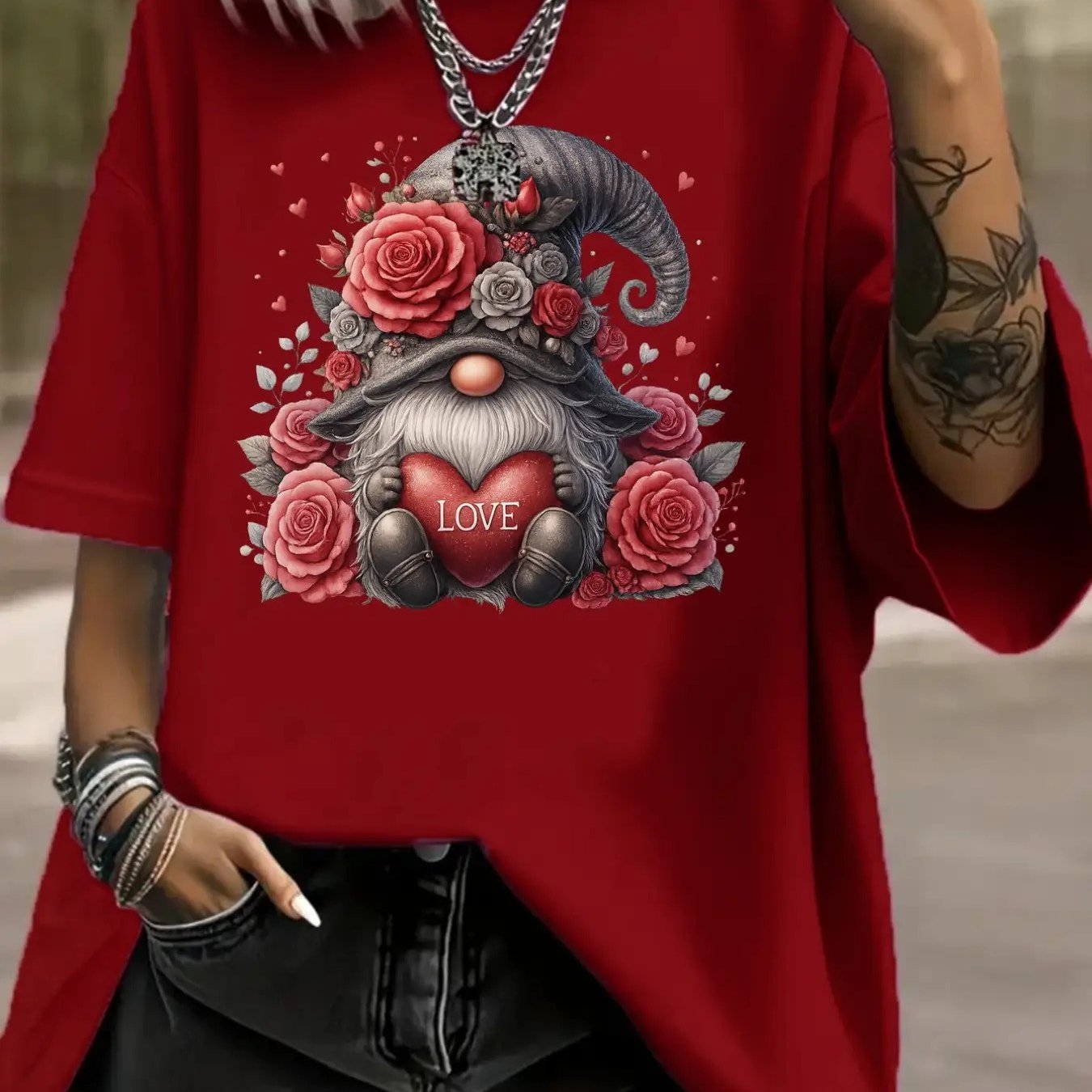 TEMU Plus Size, Plus Size Women's Clothing, Women's Plus Size Gothic Gnome And Rose Print T-shirt- Red Short Sleeve Round Neck Casual Top With Gnome