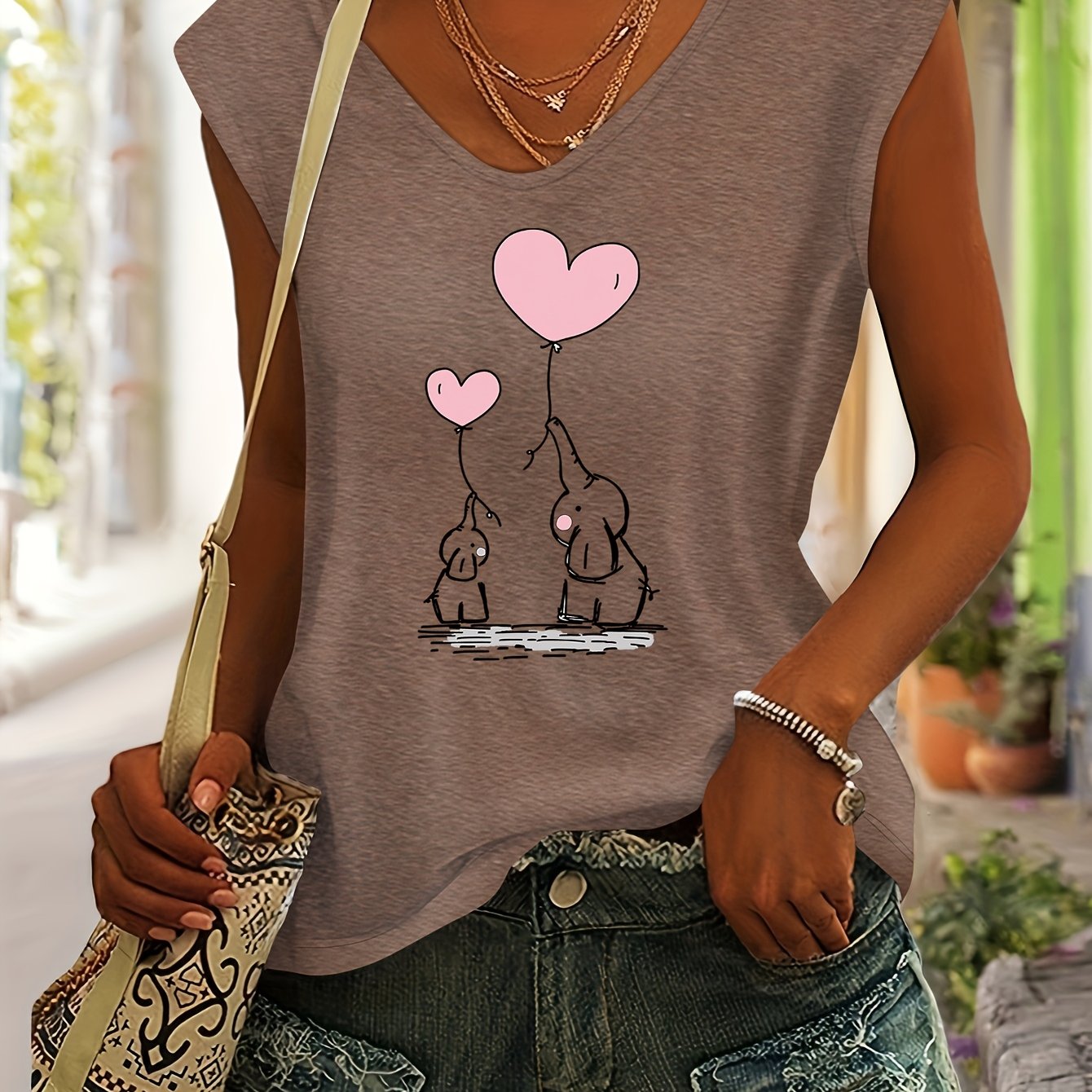 TEMU Loving Elephant Print European And Women's Spring/summer Casual Versatile Easy Casual V-neck Dolman Short Sleeve T-shirt