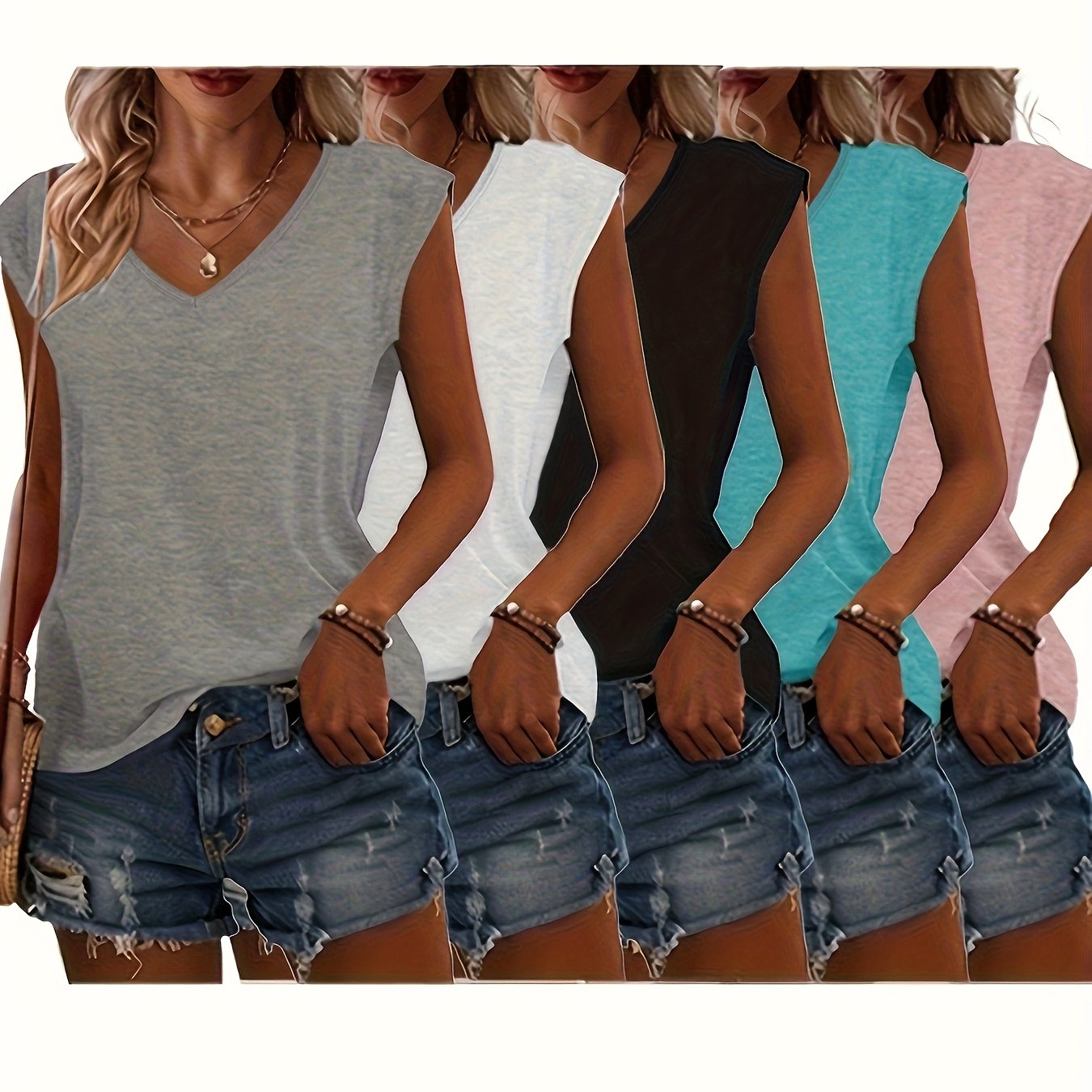 E-shop 5er-Set neue einfarbige, unbedruckte Freizeit-Basis-Layer-T-Shirts mit V-Ausschnitt lockerer Passform für Frühling/Sommer, bequem stilvoll –