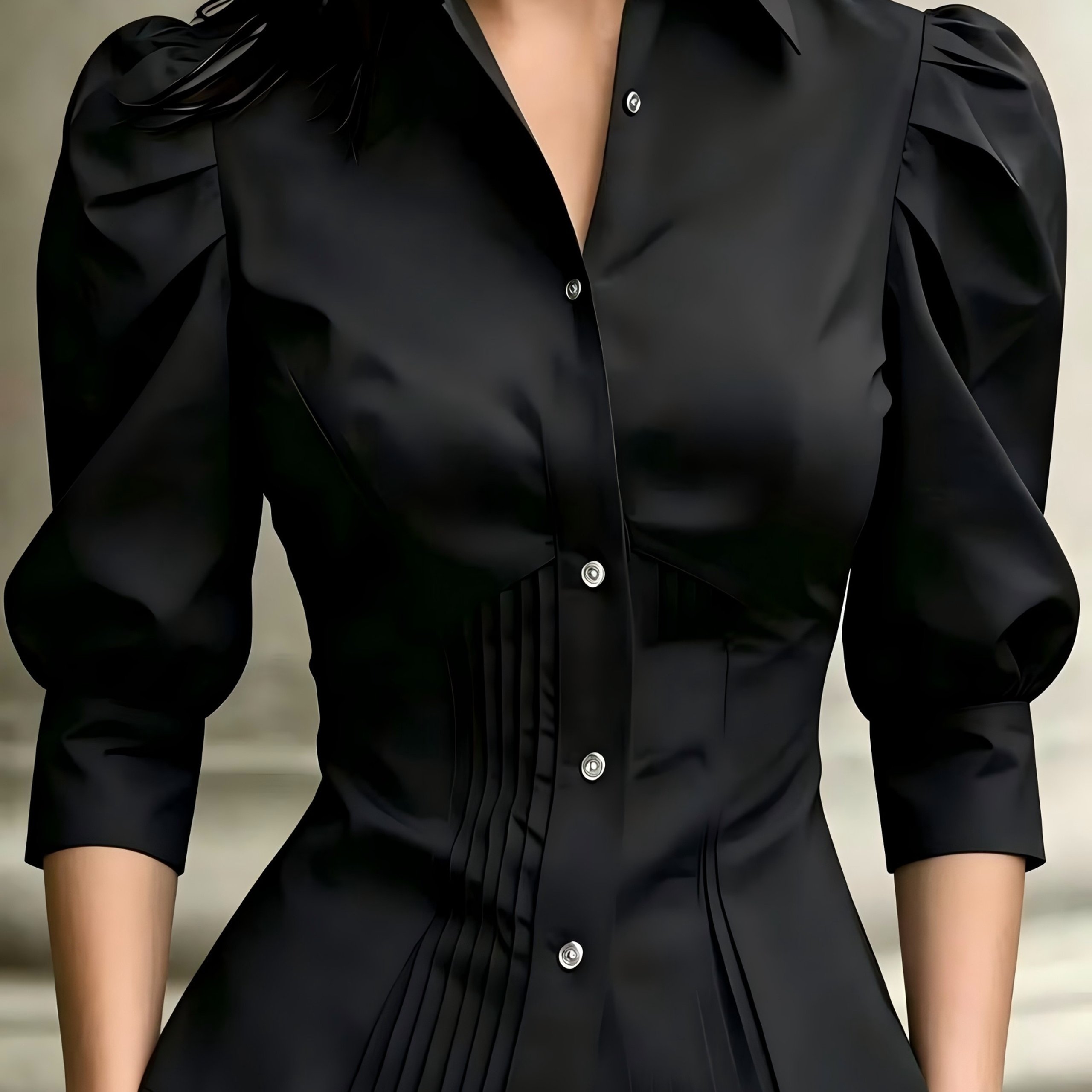 TEMU Zd260408059 Women's Elegant And Stylish Solid Color Lantern Sleeve Shirt, Three-quarter Sleeve Slim Fit Shirt, Suitable For , Versatile For