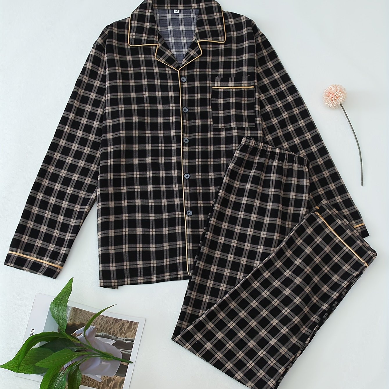 Men's Casual And Plaid Collar Cardigan Set. Suitable For Spring, Summer, Autumn And Winter . Worn Outside Long-sleeved Long Pants 2pcs Set