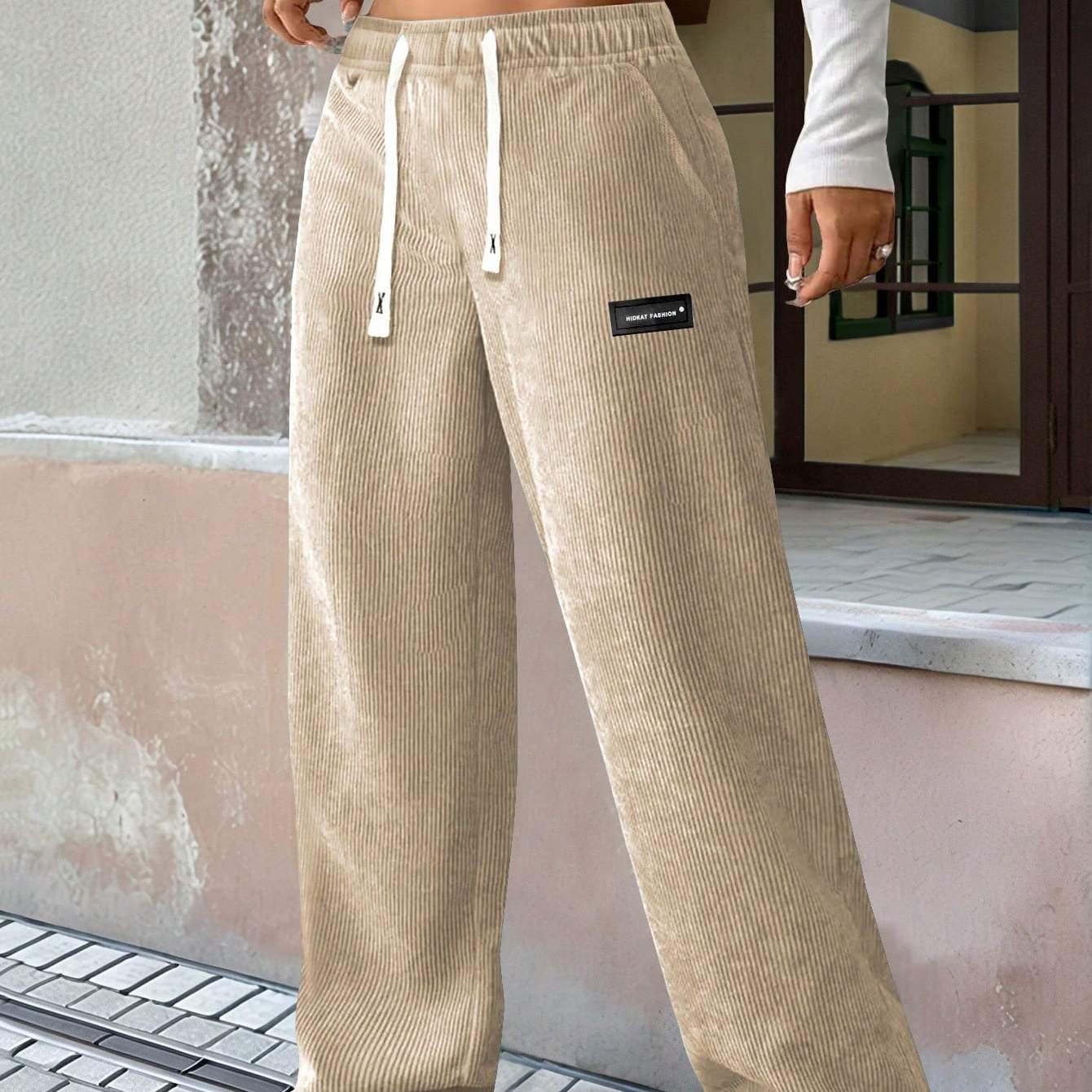 TEMU Women's Corduroy Drawstring Waist Pants, Dual Side & Pockets, Solid Color Versatile, Suitable For Casual Daily Wear And Outdoor Sports