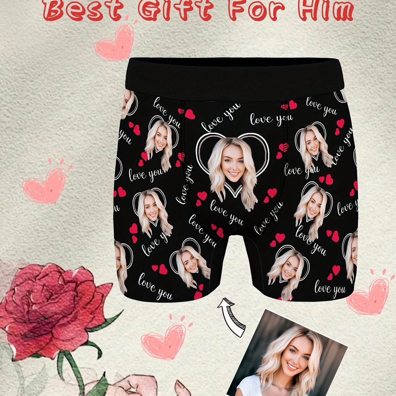 TEMU 1pc Custom Photo Print Men's Boxer Briefs, High- Knit Polyester, Personalized Love You Pattern, Unique Gift For Him, Anniversary, Valentine's Day,